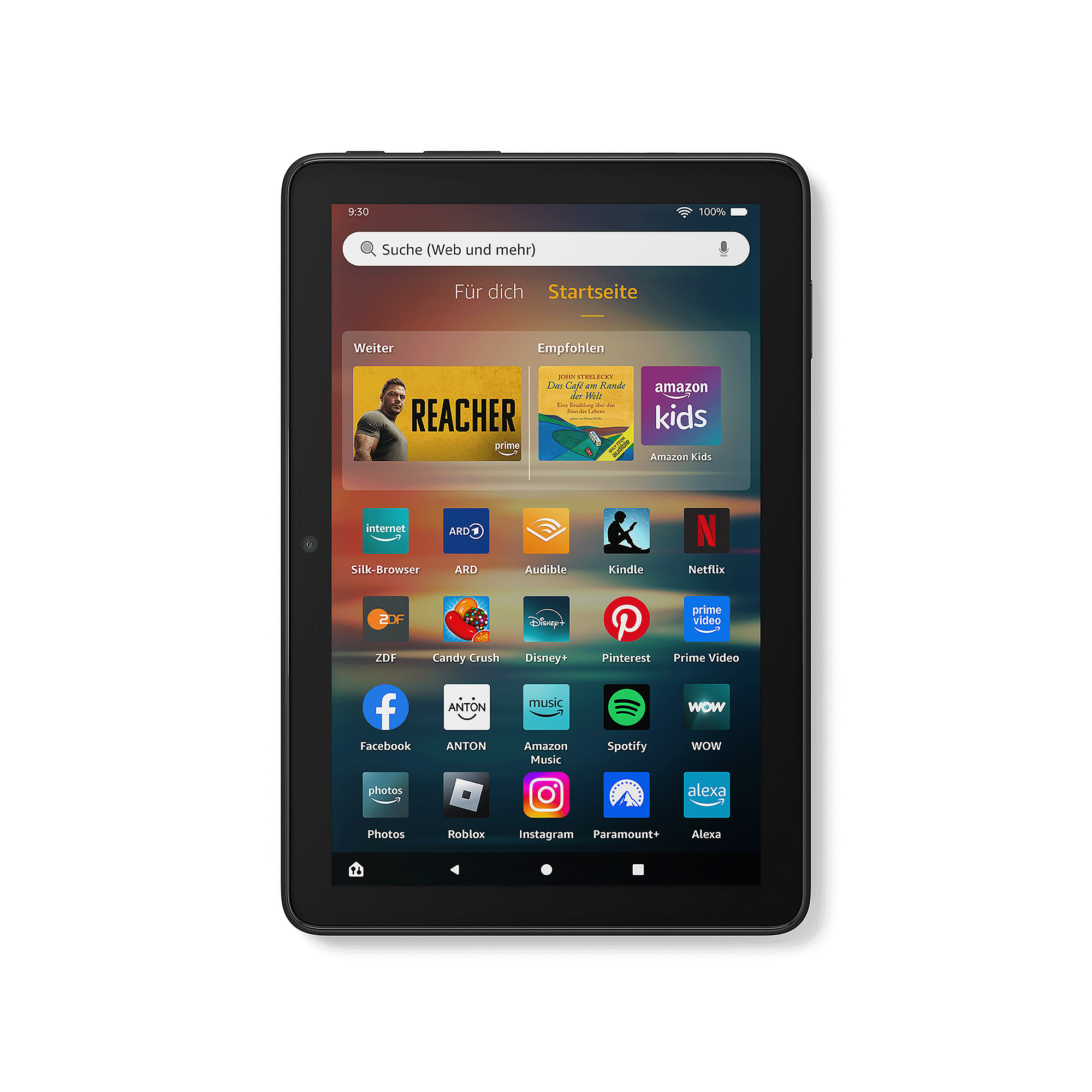 Schwarzes Tablet zeigt einen Startbildschirm mit Apps, darunter Amazon Kids, Netflix und Spotify, auf weißem Hintergrund.