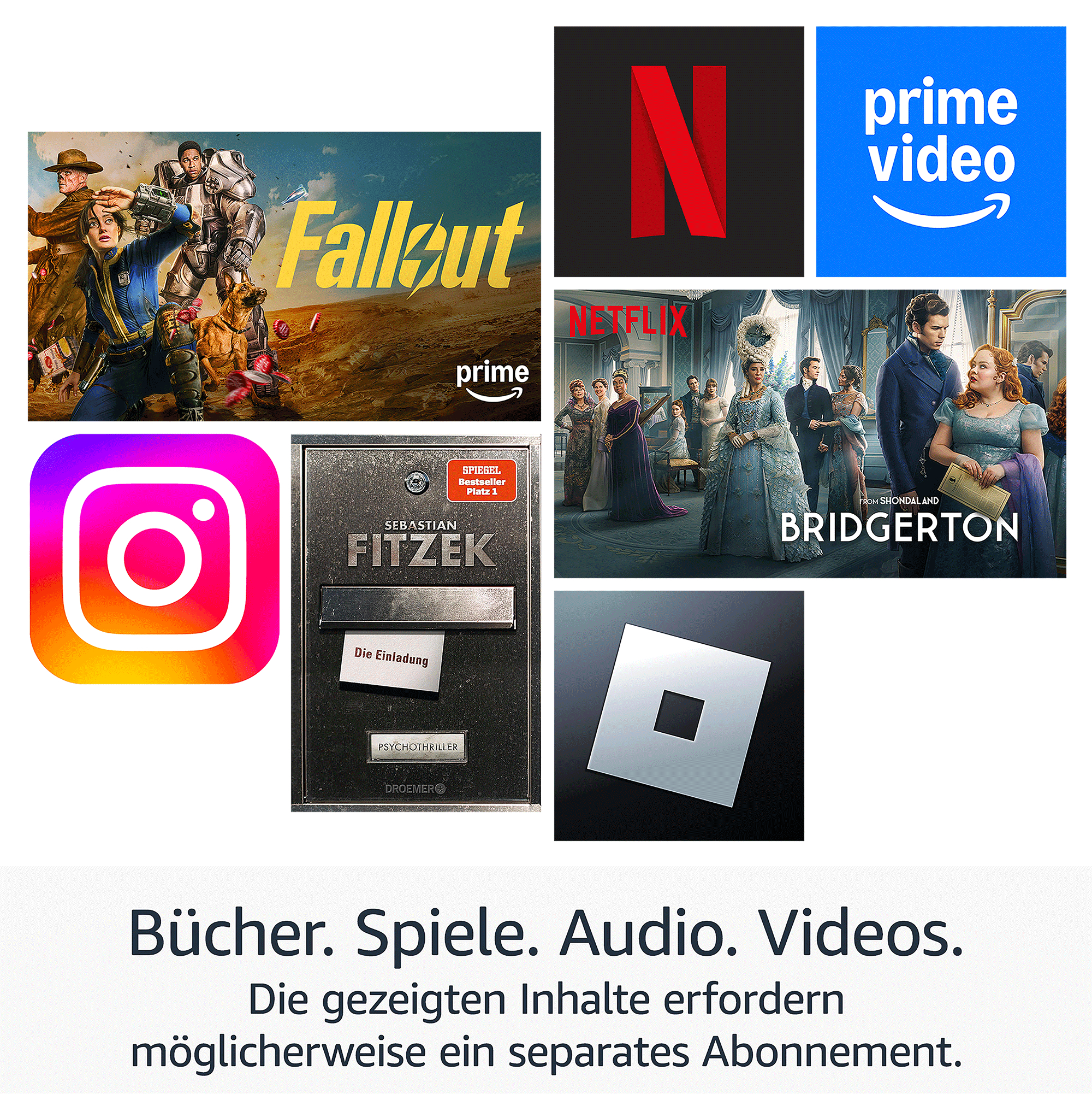 Das Bild zeigt Logos von Netflix, Prime Video, Instagram und Roblox. Außerdem Buchcover und Fallout-Poster.