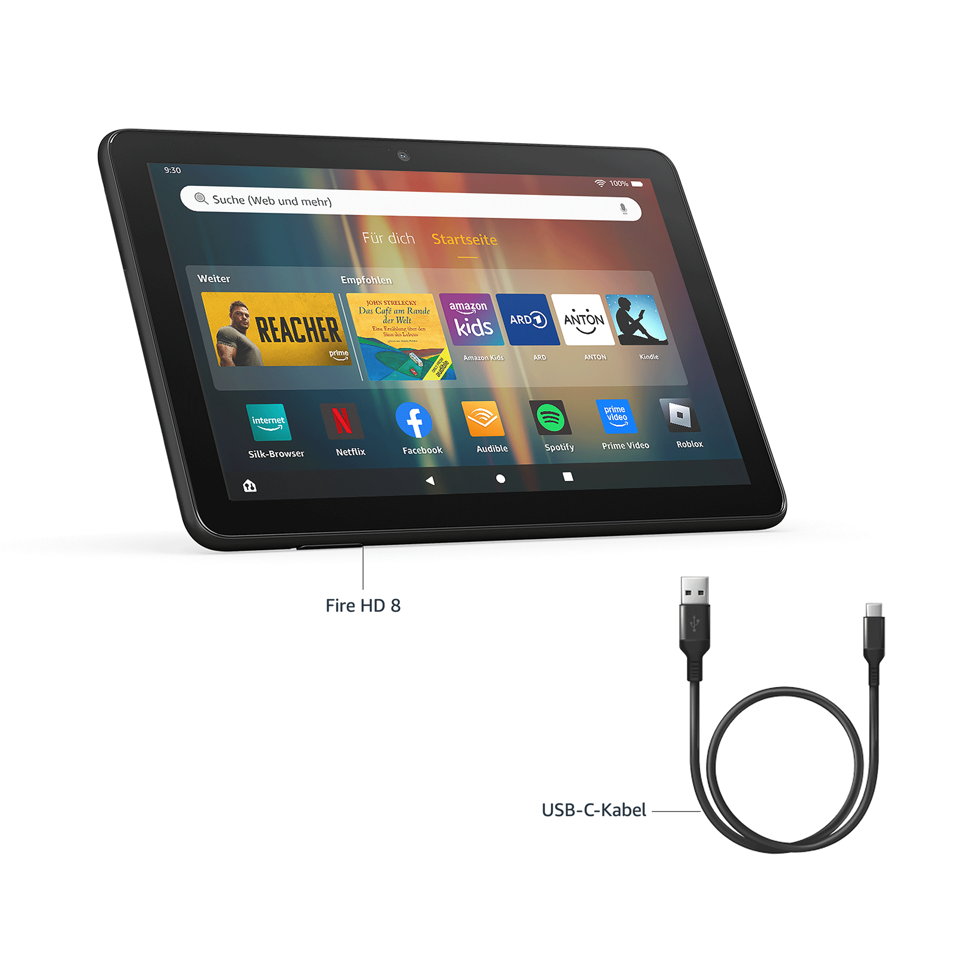 Schwarzes Fire HD 8 Tablet mit Apps, darunter ein USB-C-Kabel. Weißer Hintergrund.