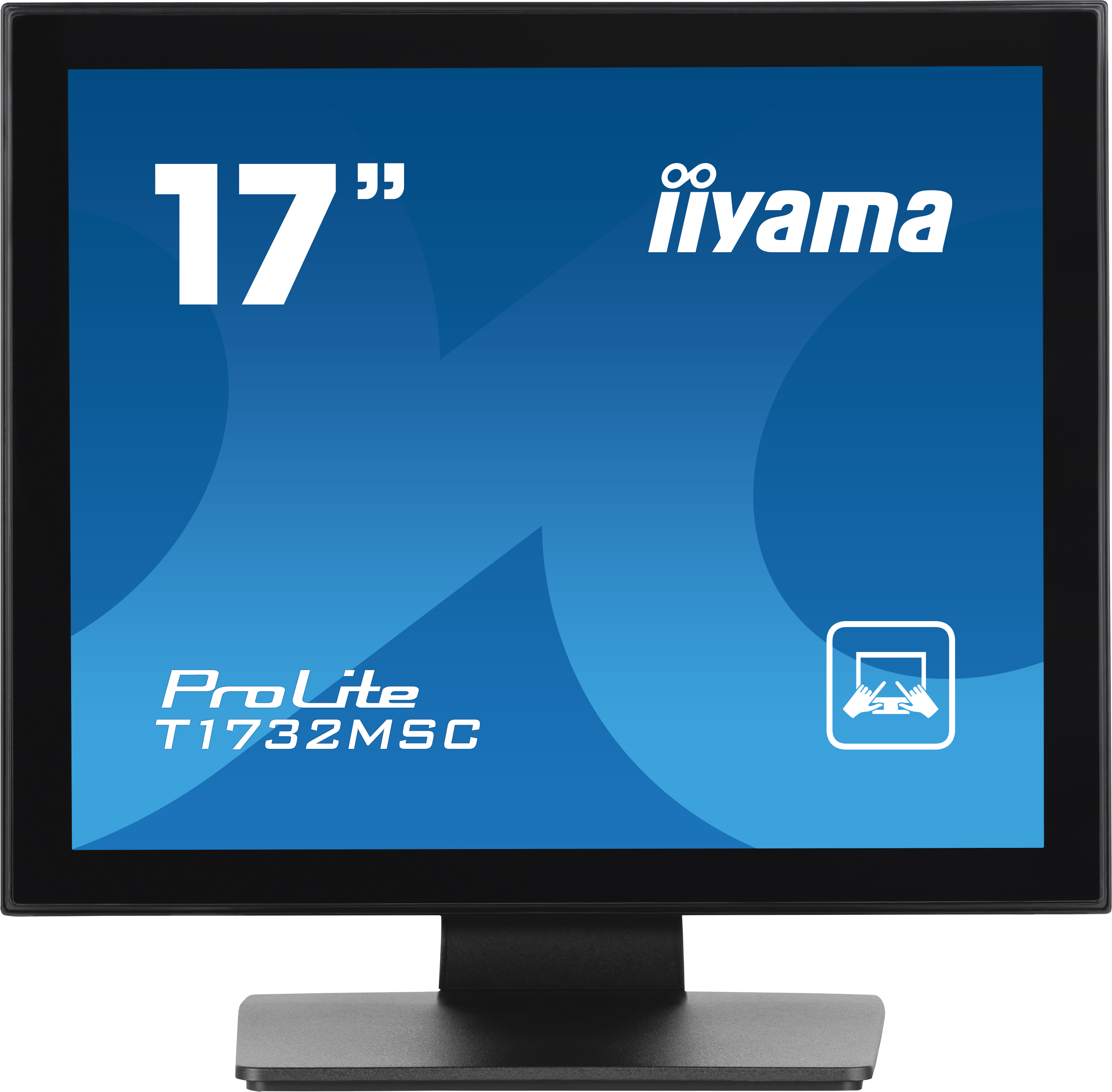 iiyama-Monitor, Modell ProLite T1732MSC, mit weißem Text auf blauem Hintergrund und schwarzem Ständer.