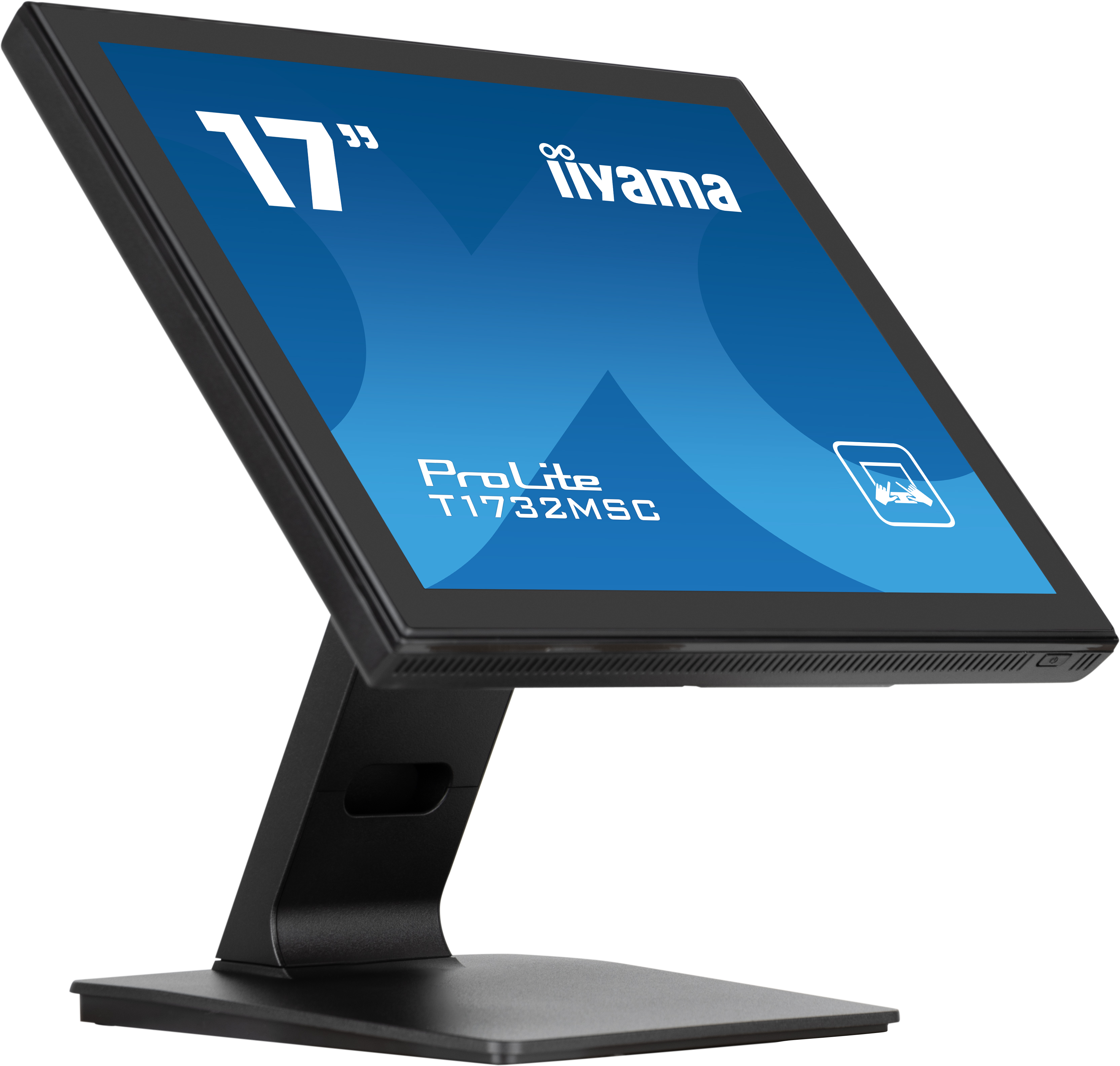 Ein iiyama-Monitor auf einem schwarzen Ständer, abgewinkelt, zeigt das Modell ProLite T1732MSC.
