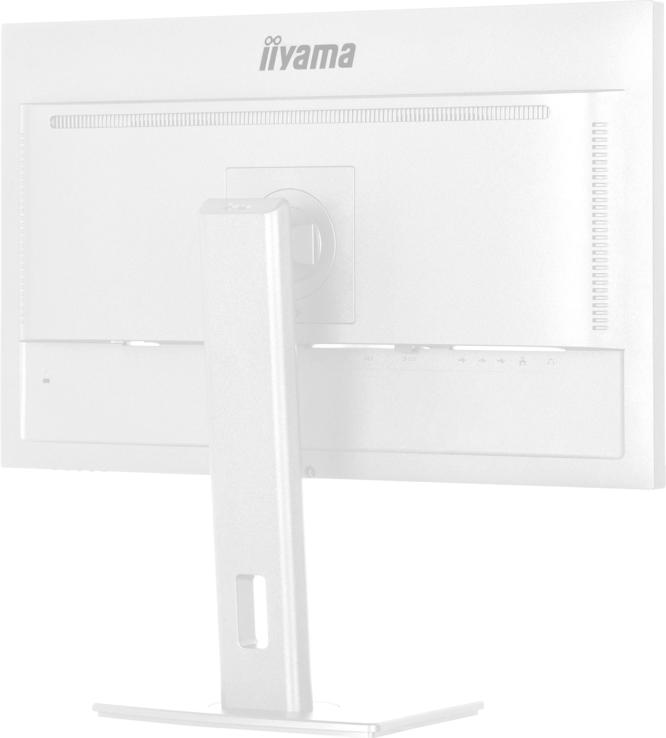 Rückseite eines weißen iiyama-Monitors, zeigt Anschlüsse und Ständerbefestigung.