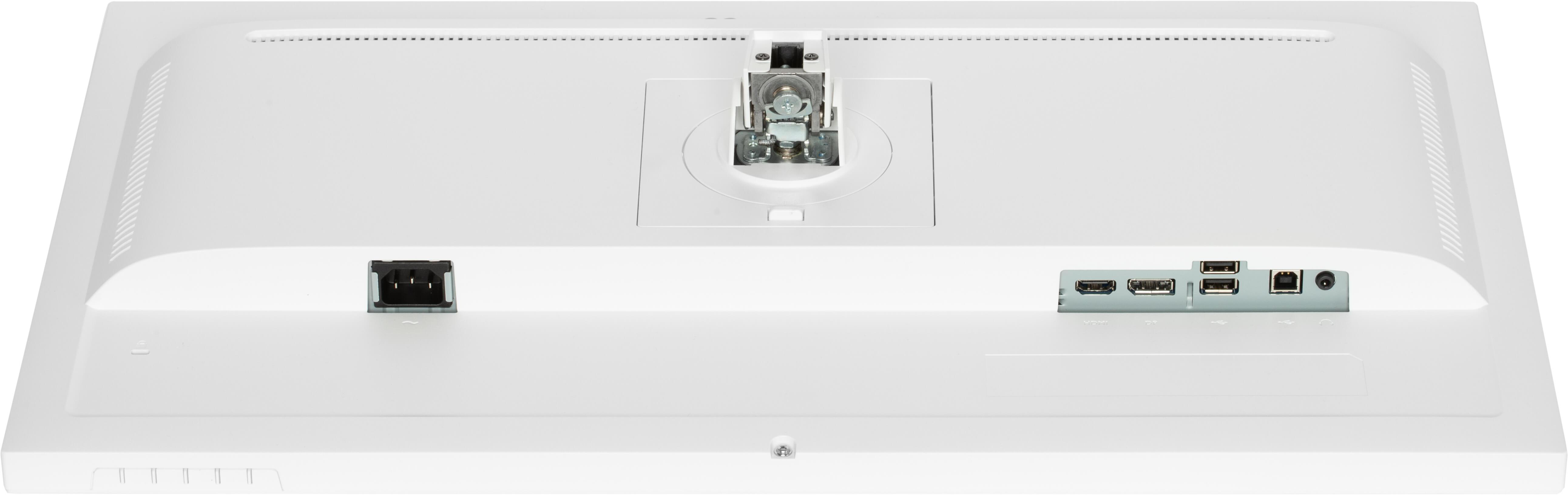 Rückseite eines weißen iiyama-Monitors, zeigt Ständer und Anschlüsse.