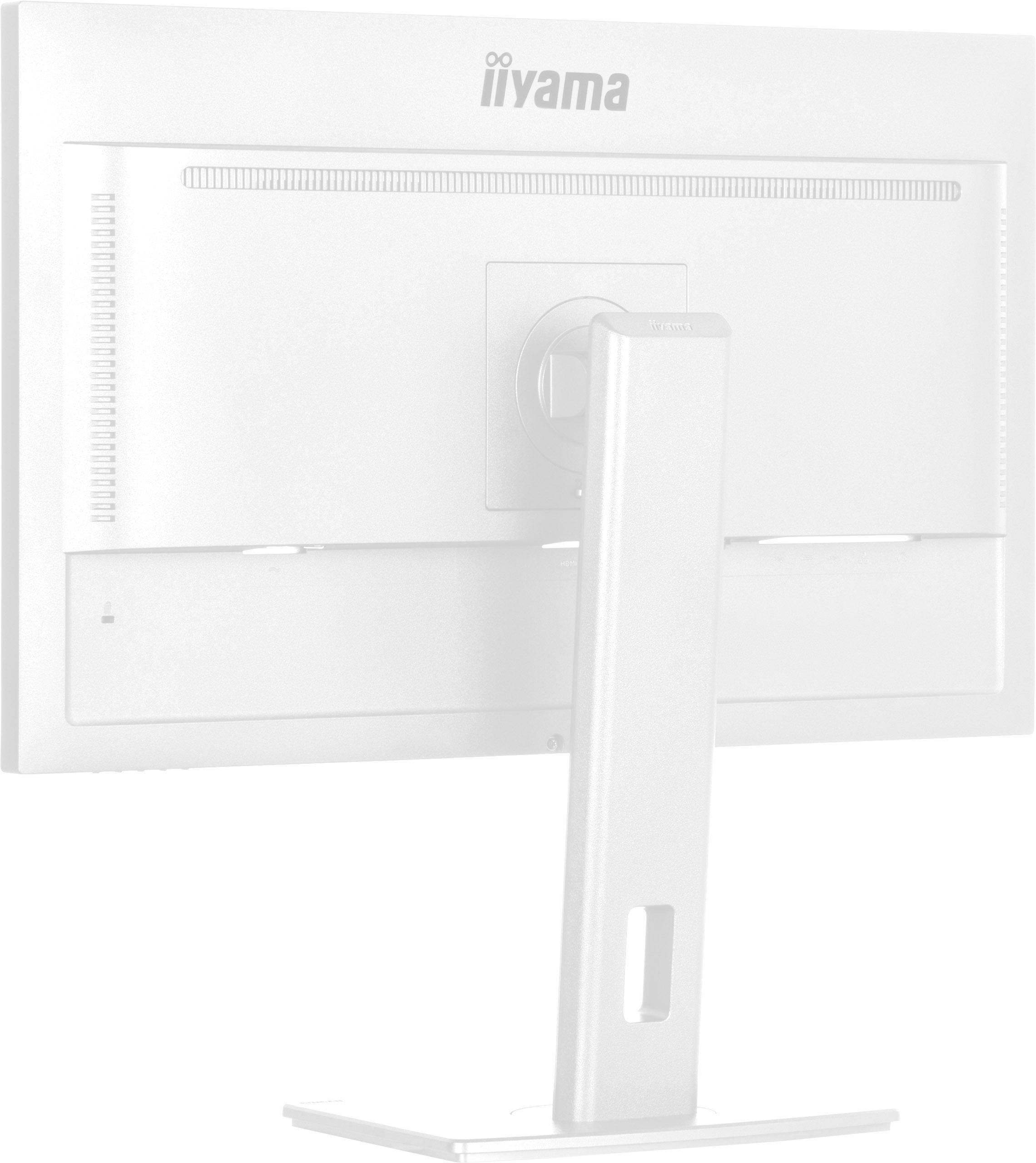 Rückseite des weißen Computermonitors angewinkelt, mit angebrachtem Ständer. iiyama-Logo oben.