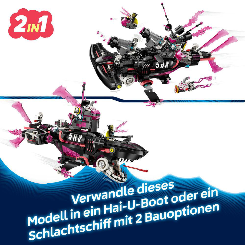 LEGO-Spielzeug in zwei Formen: ein schwarzes und pinkes U-Boot und ein Schlachtschiff, auf blauem Hintergrund.