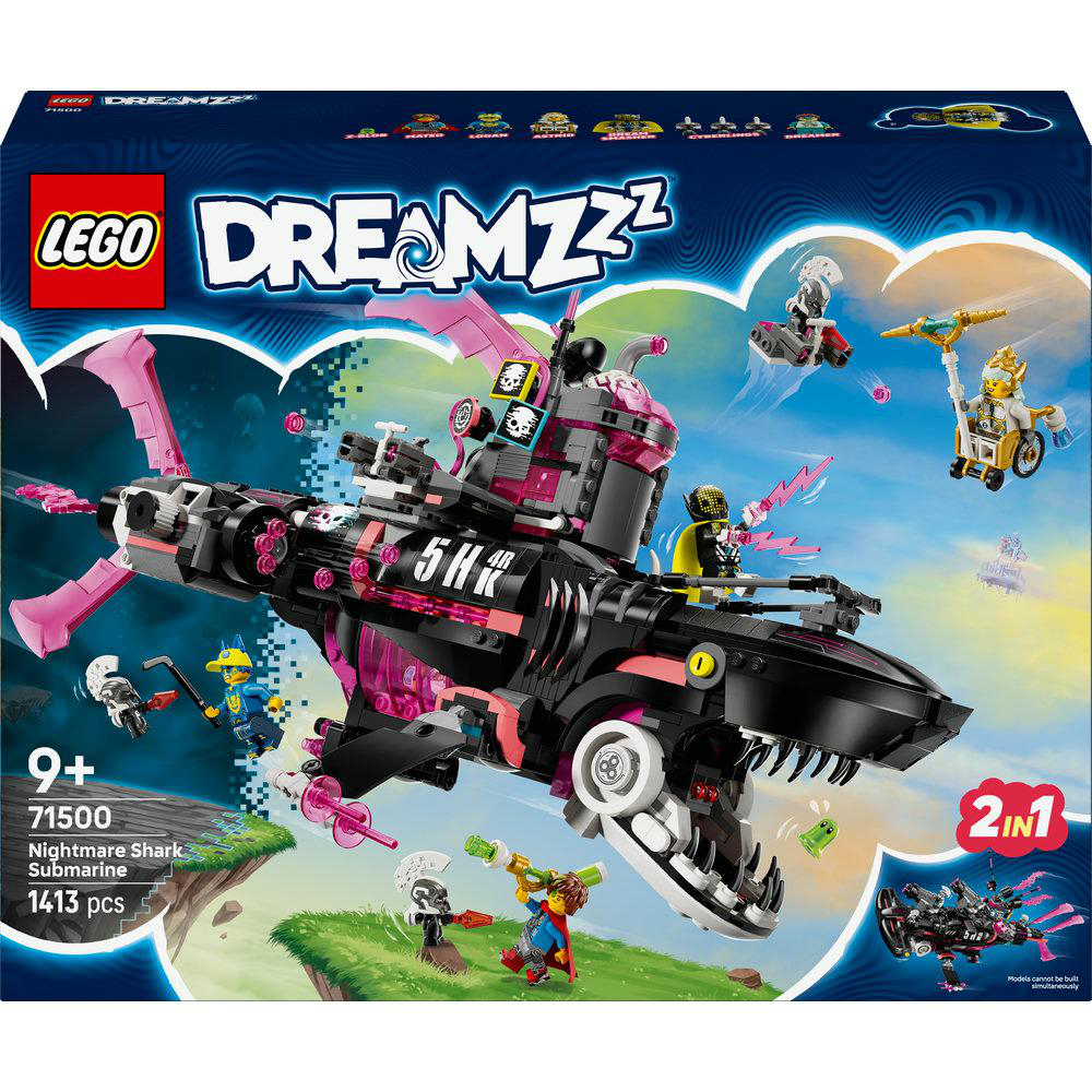 LEGO-Box-Set mit einem schwarzen und pinken Hai-U-Boot-Spielzeug und Minifiguren auf blauem Hintergrund.