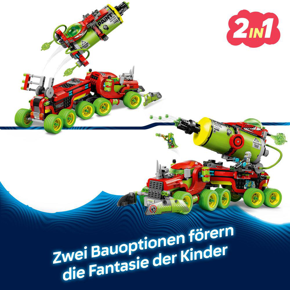 LEGO-Spielzeugset mit zwei Bauoptionen: ein rot-grüner Truck mit einem Farbschießer.