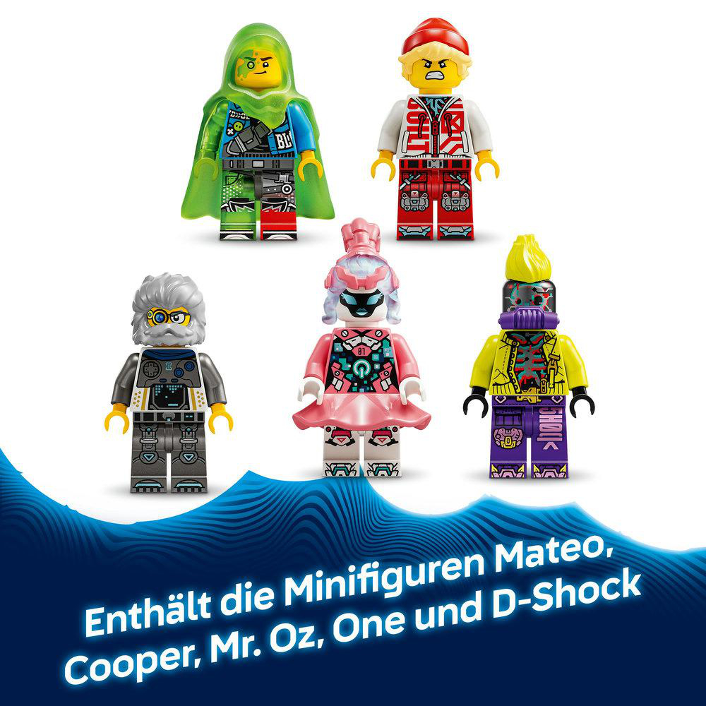 Fünf Lego-Minifiguren werden gezeigt. Jede hat ein einzigartiges Design mit unterschiedlichen Outfits und Ausdrücken.