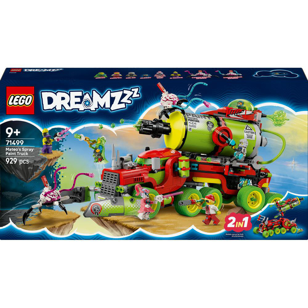 Eine Lego Dreamzzz Box und ein zusammengebautes Spielzeugset werden gezeigt. Das Set enthält einen roten und grünen LKW mit Minifiguren.
