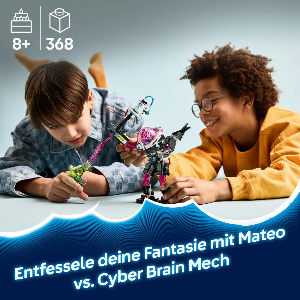 Zwei Kinder spielen mit Lego. Einer baut einen Mech, der andere hält eine grüne Waffe. Das Set ist Lego Dreamzzz.