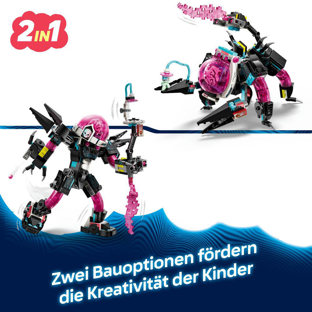Zwei Lego-Mechs werden gezeigt. Einer ist ein Roboter, der andere ein spinnenartiges Wesen. Sie haben pinkfarbene Akzente.