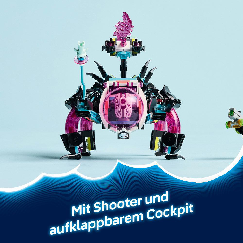 Ein Lego-Mech mit einer rosa Kuppel und schwarzen Merkmalen. Es hat einen Shooter und ein Cockpit, das sich öffnet.