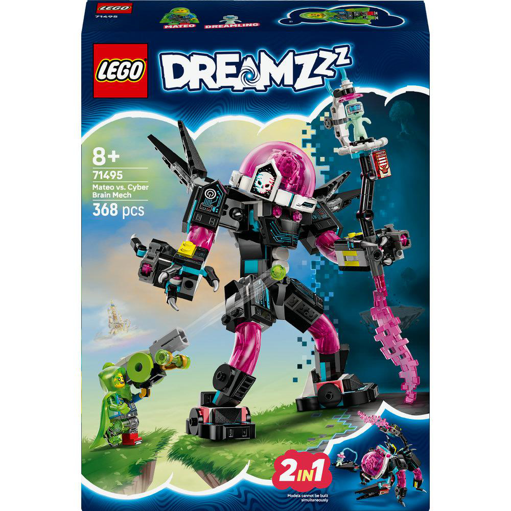 Eine Lego Dreamzzz Box zeigt ein 2-in-1-Set. Das Set zeigt einen Mech und eine Minifigur mit einer grünen Waffe.