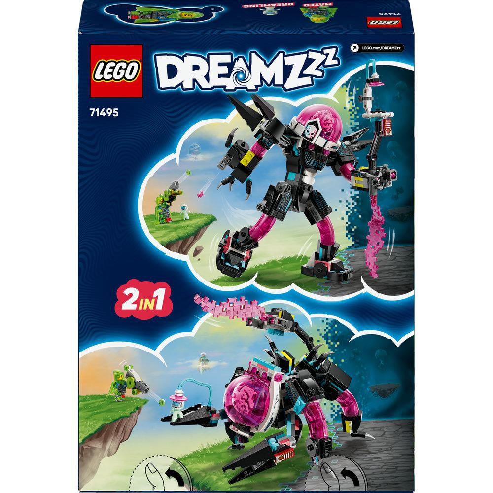 Eine Lego Dreamzzz Box zeigt ein 2-in-1-Set. Das Set zeigt einen Mech, eine grüne Waffe und eine pinkfarbene Kreatur.