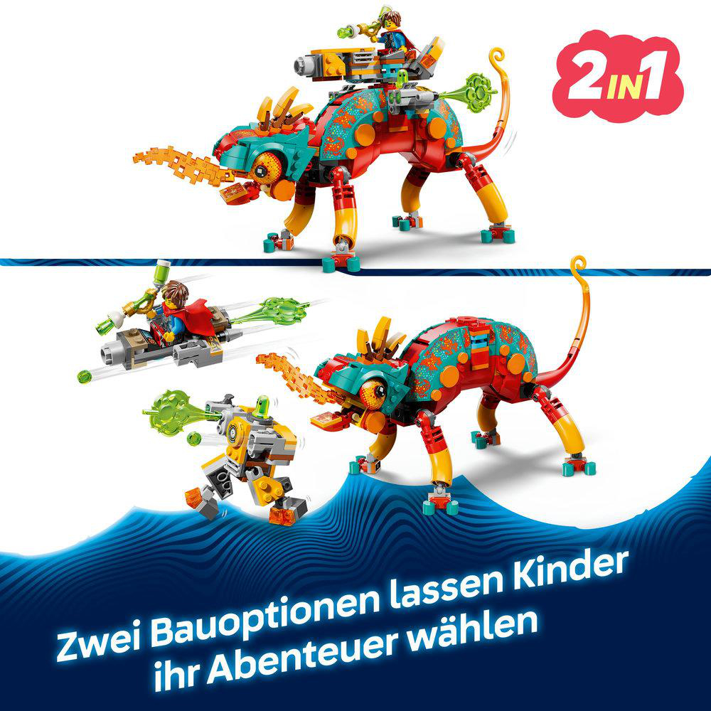 Ein Lego-Set zeigt zwei Bauoptionen für eine Drachenfigur. Das Set enthält weitere Mini-Figuren und Zubehör.
