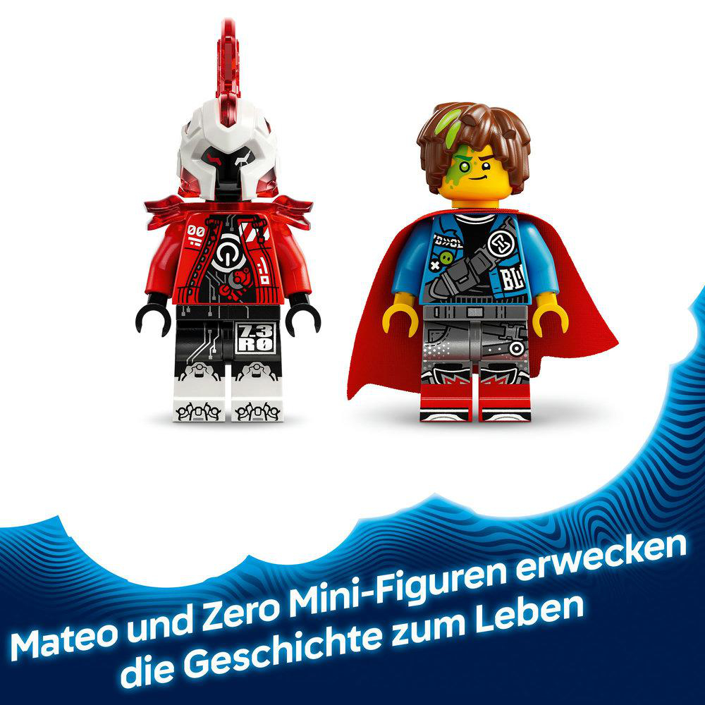Zwei Lego-Mini-Figuren: eine in roter Rüstung, die andere mit blauem Hemd und rotem Umhang, werden präsentiert.