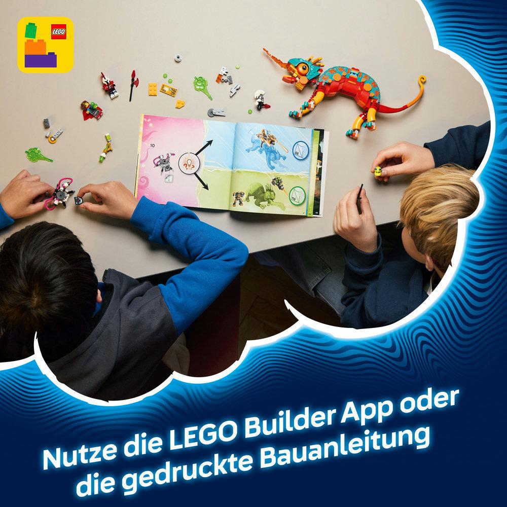 Zwei Kinder bauen mit einem Lego-Set. Das Set beinhaltet einen Drachen, Anleitungen und verschiedene Mini-Figuren.