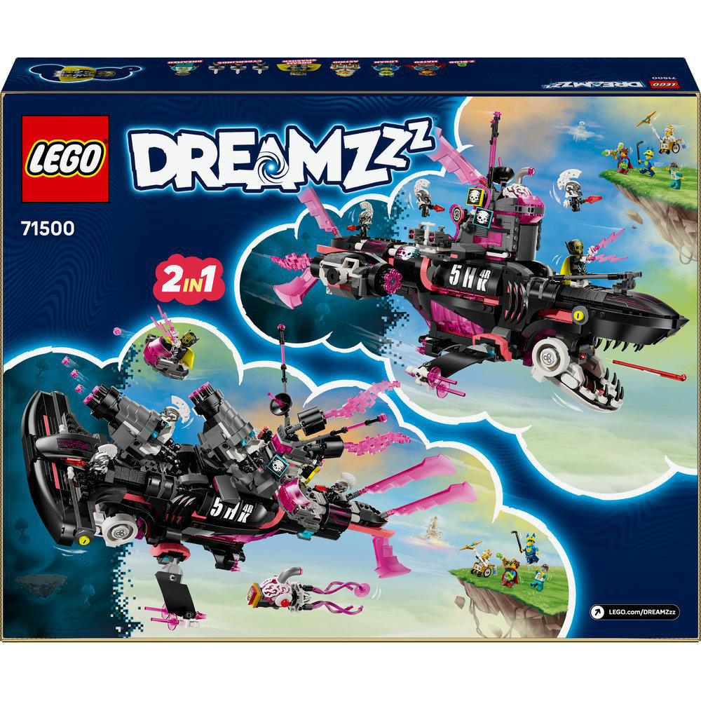 Eine Lego Dreamzzz-Set-Box zeigt ein schwarz-rosa Raumschiff-Design mit verschiedenen Mini-Figuren und Elementen.