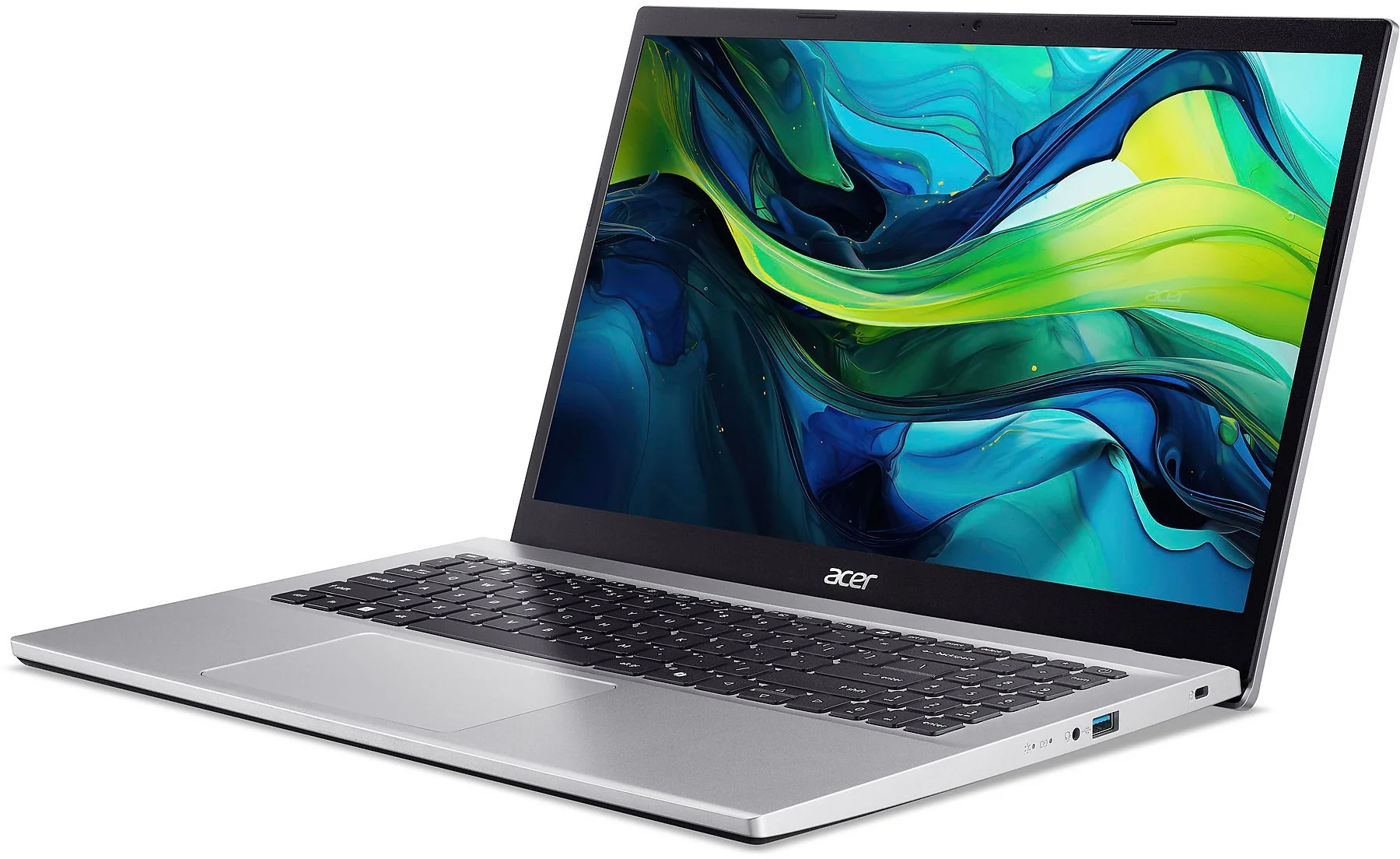 Ezüst Acer laptop nyitva, billentyűzetet és képernyőt mutat, színes, absztrakt háttérképpel.
