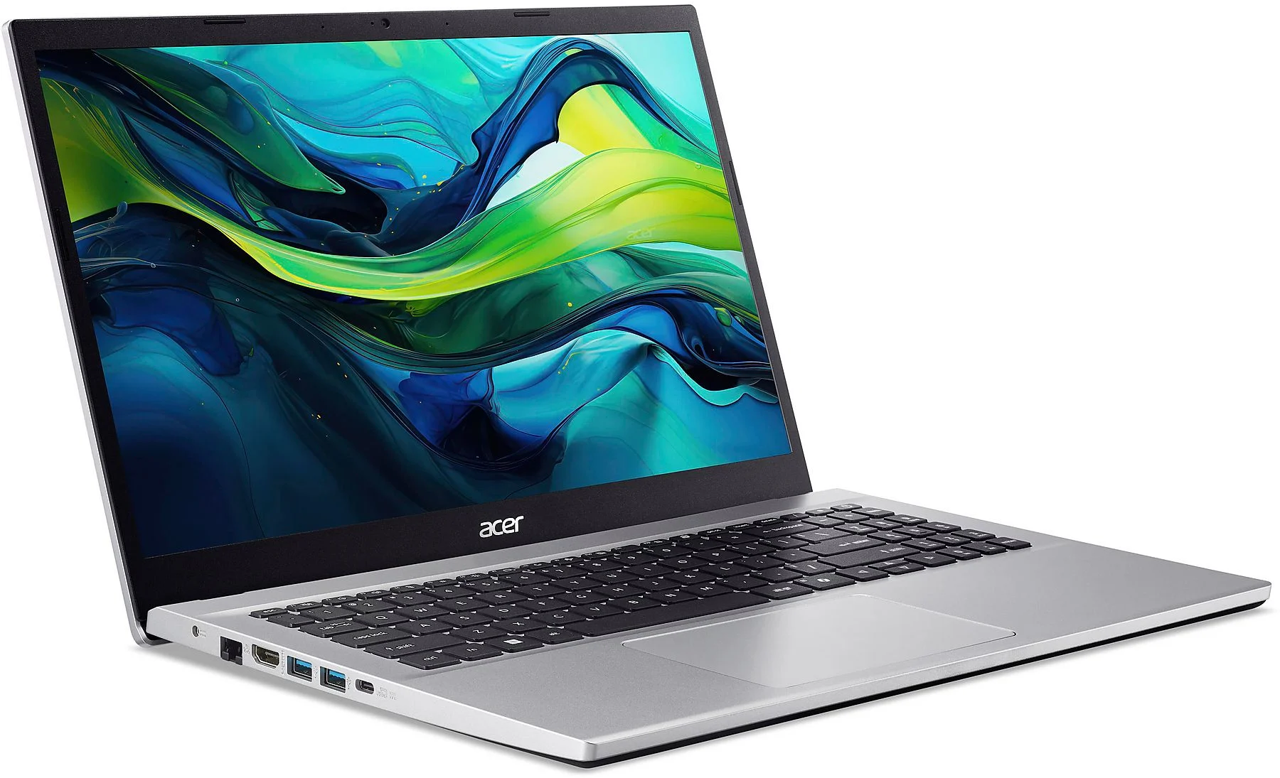 Ezüst Acer laptop, szögben nyitva, billentyűzetet és képernyőt mutat, színes absztrakt képpel.