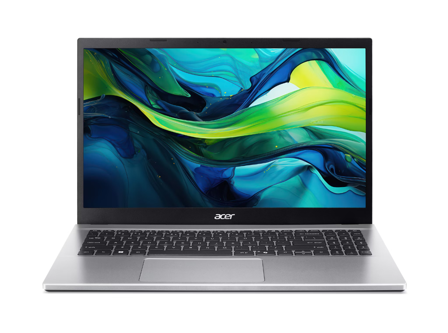 Ezüst Acer laptop, nyitva, a billentyűzetet és egy színes absztrakt képpel ellátott képernyőt mutatva.