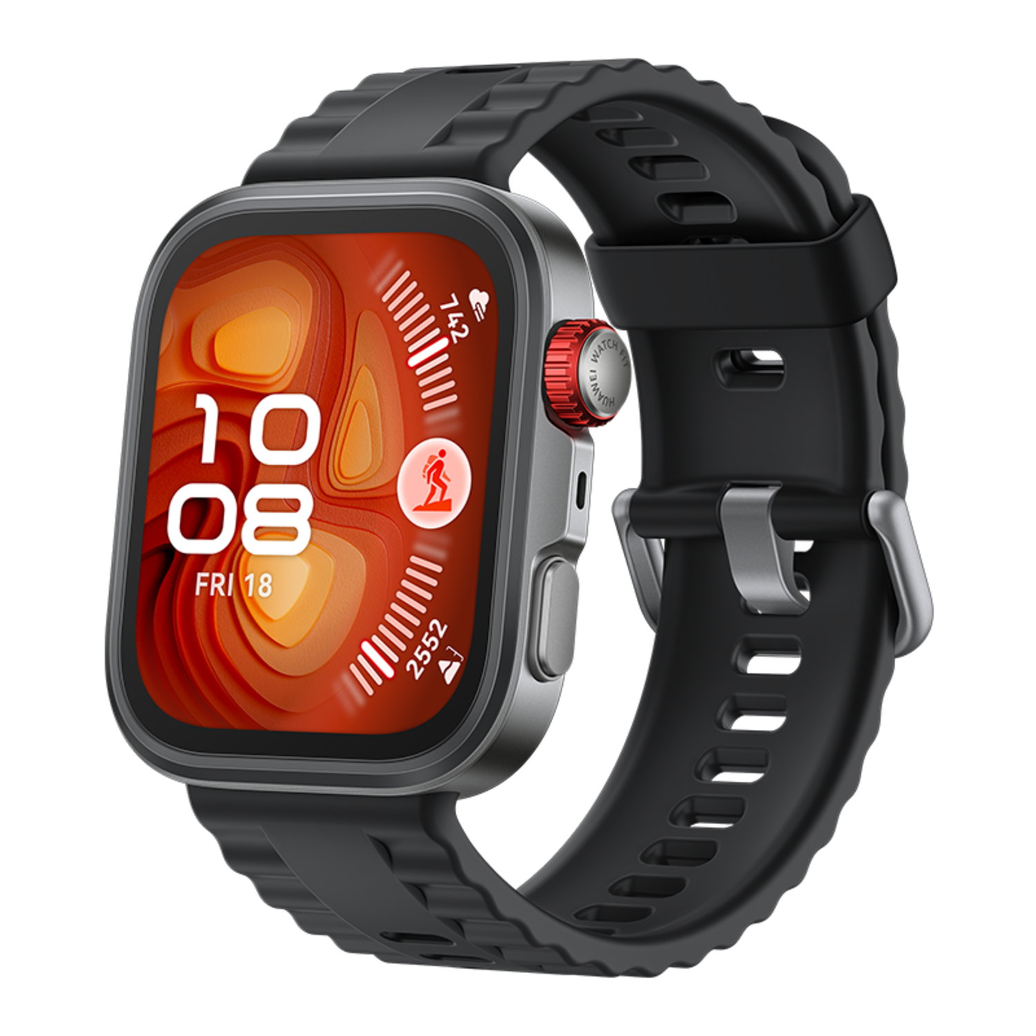 Smartwatch with black strap and silver case. The screen displays time, date, and activity data. Red button.
