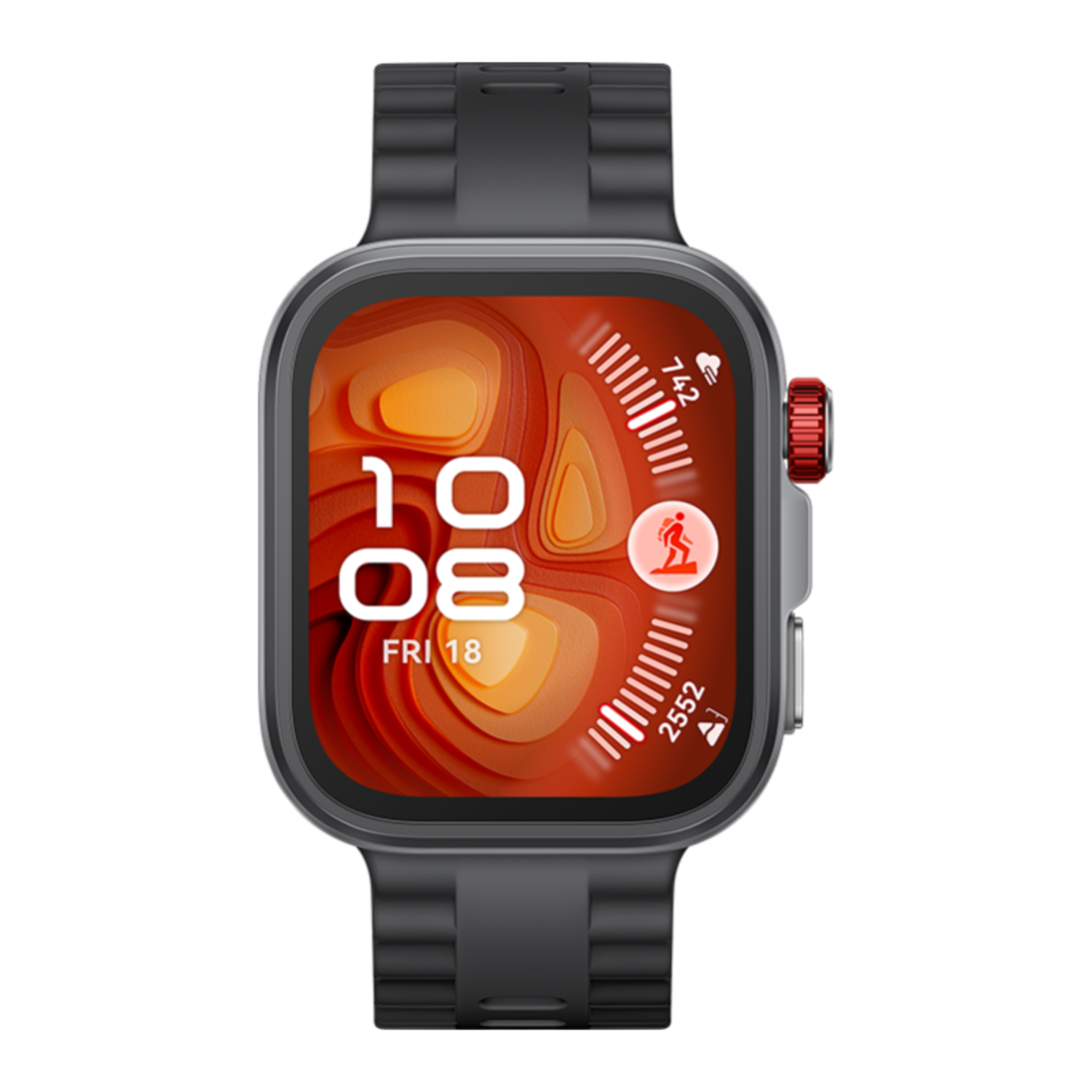 Smartwatch with black strap and silver case. The screen displays time, date, and activity data. Red button.
