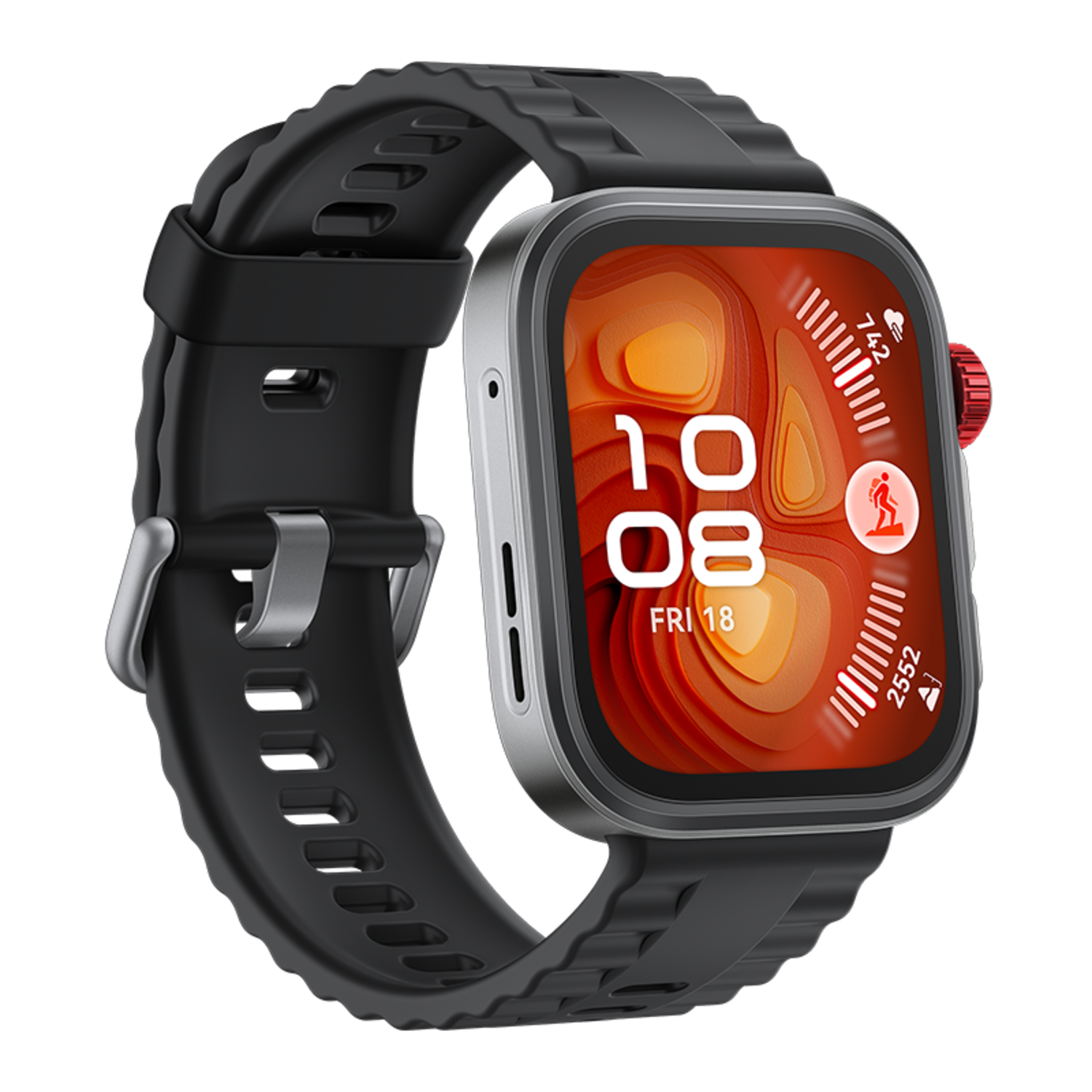 Smartwatch with black strap and silver case. The screen displays time, date, and activity data. Red button.