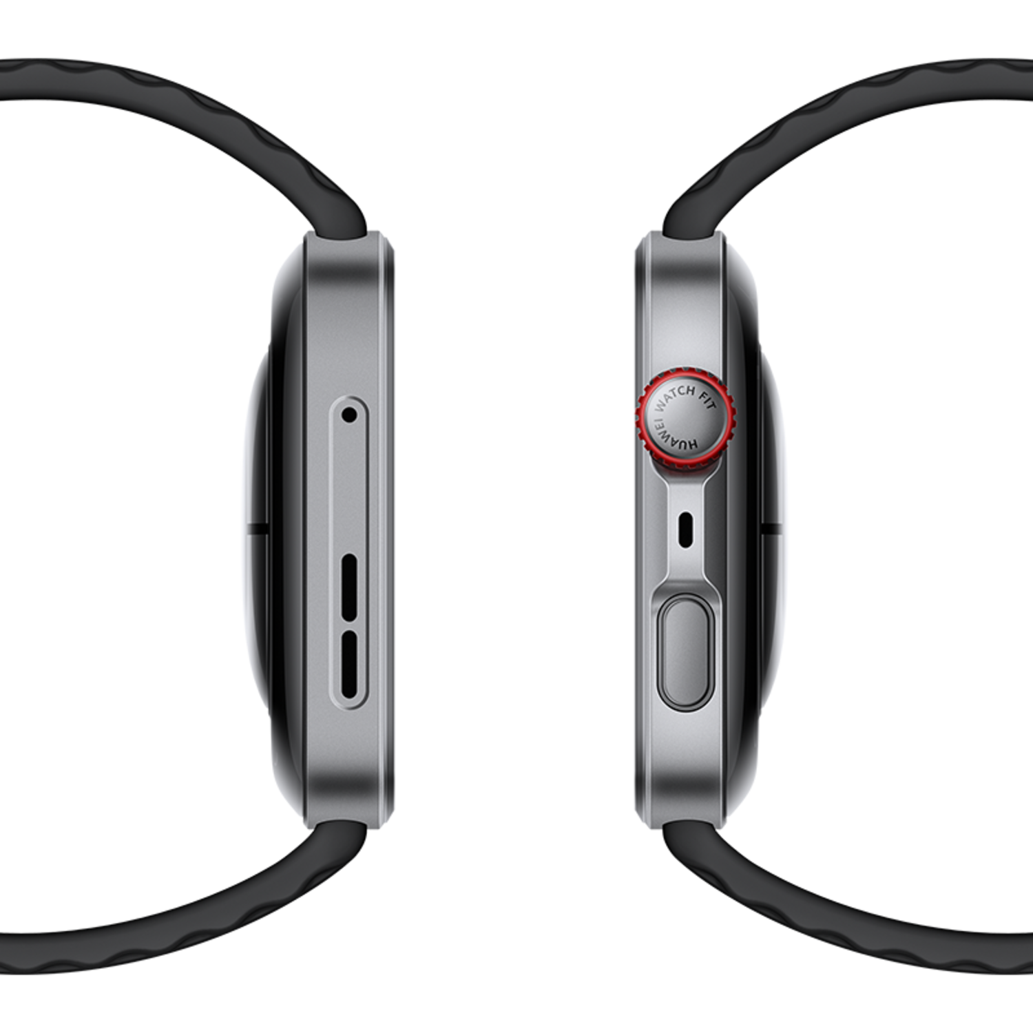 Side view of a smartwatch. Shows the silver case and black strap. Red button on the side.