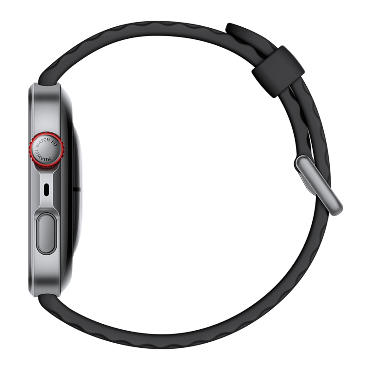 Side view of a smartwatch. Shows the silver case and black strap. Red button on the side.