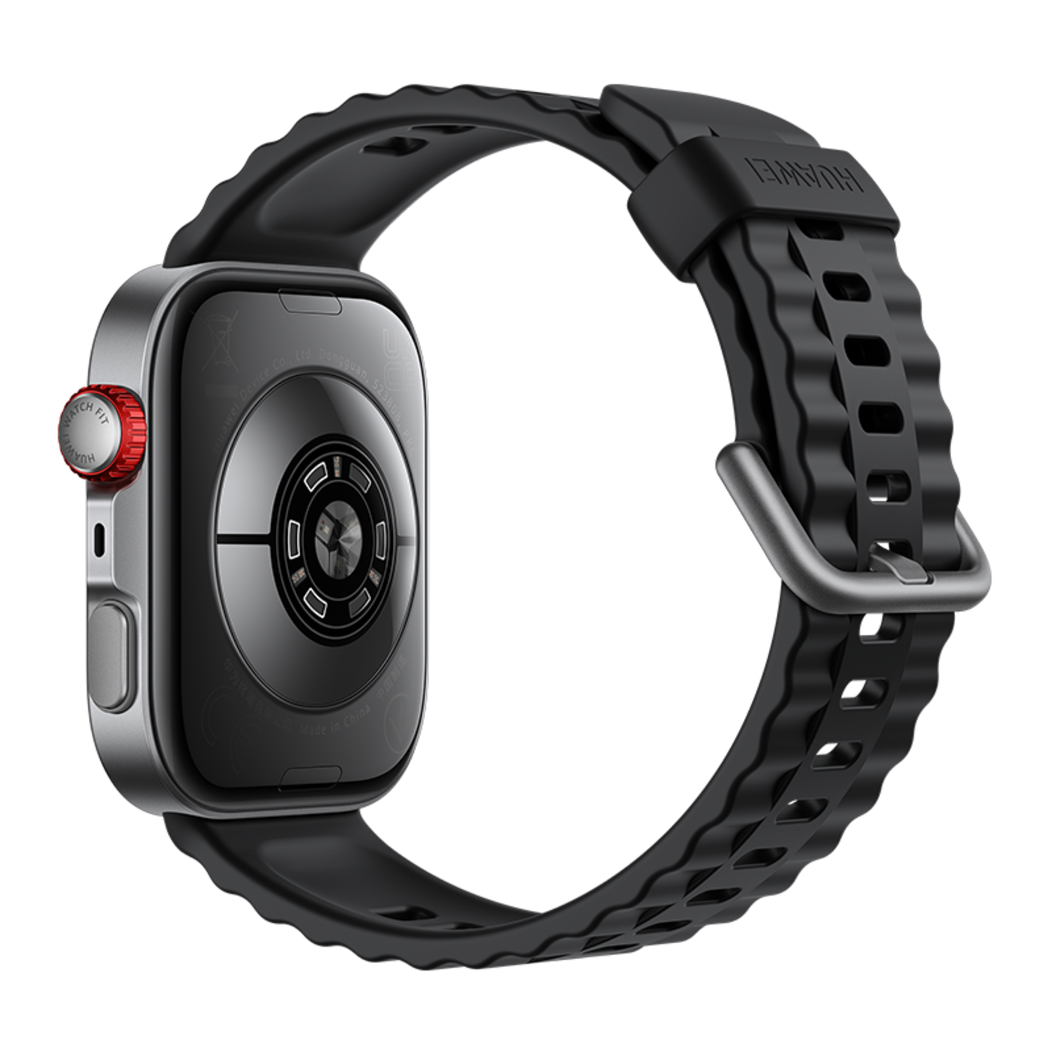 Back view of a smartwatch. Shows the black back and strap. Red button and details on the side.