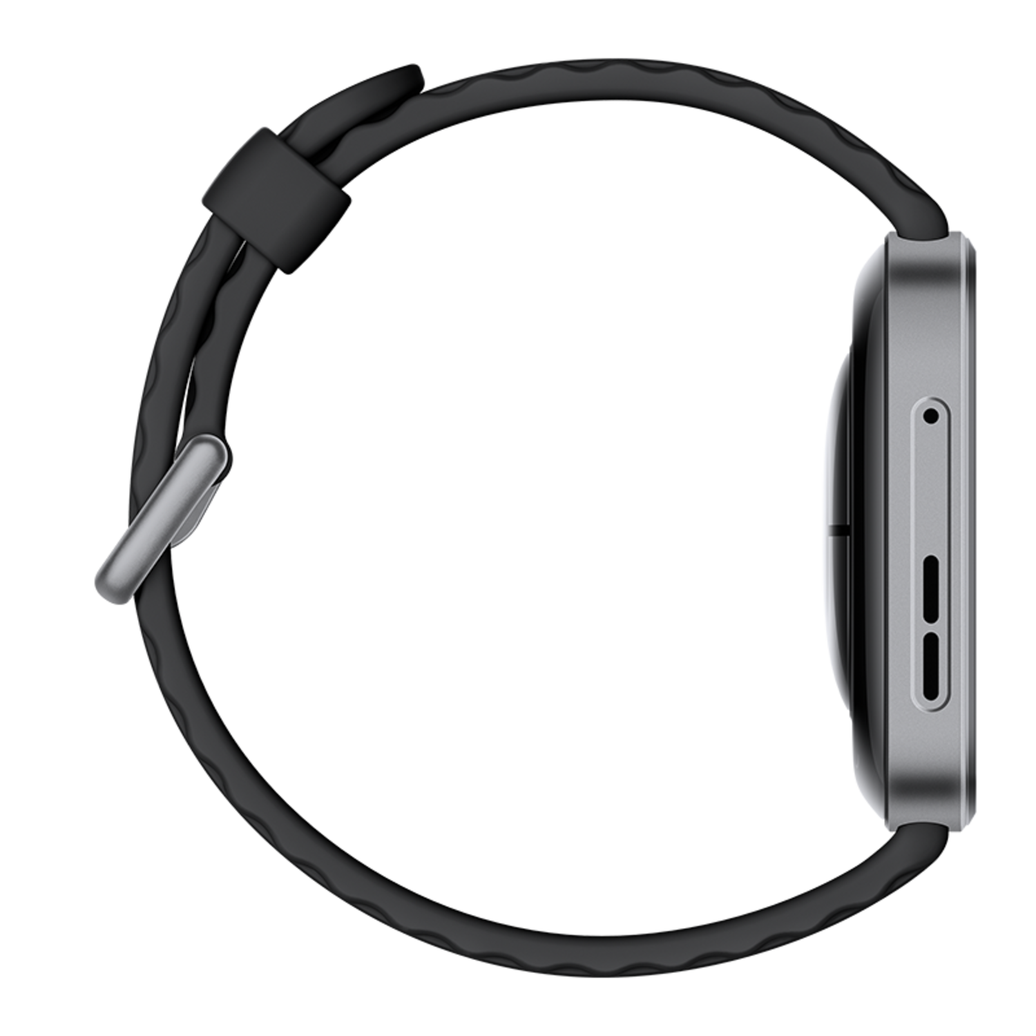 Side view of a smartwatch. Shows the silver case and black strap. Red button on the side.