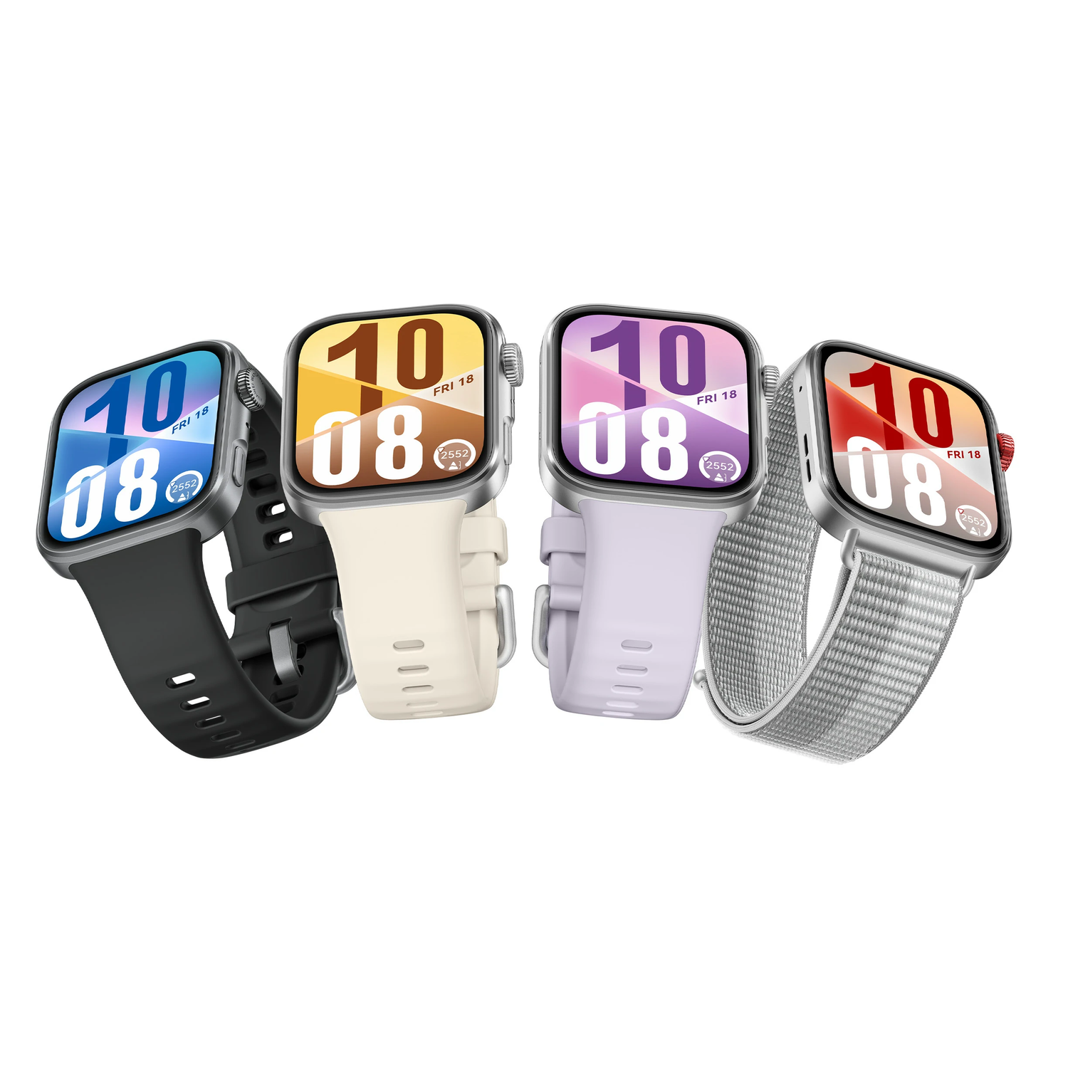 Four smartwatches. Black, cream, purple, and grey bands. All display time and date on the screen.