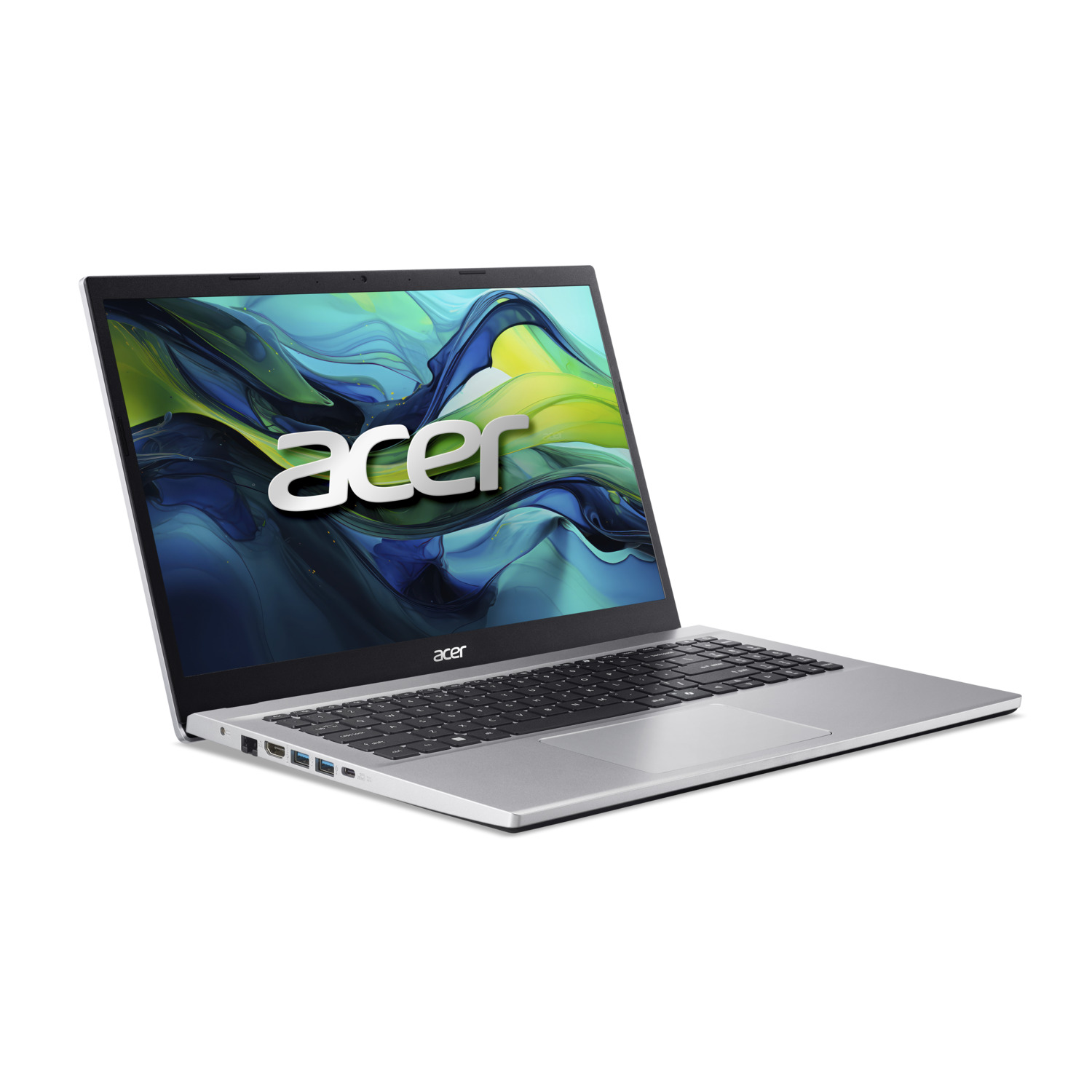 Ordinateur portable Acer argenté sur fond blanc. Le logo Acer est affiché sur l'écran.