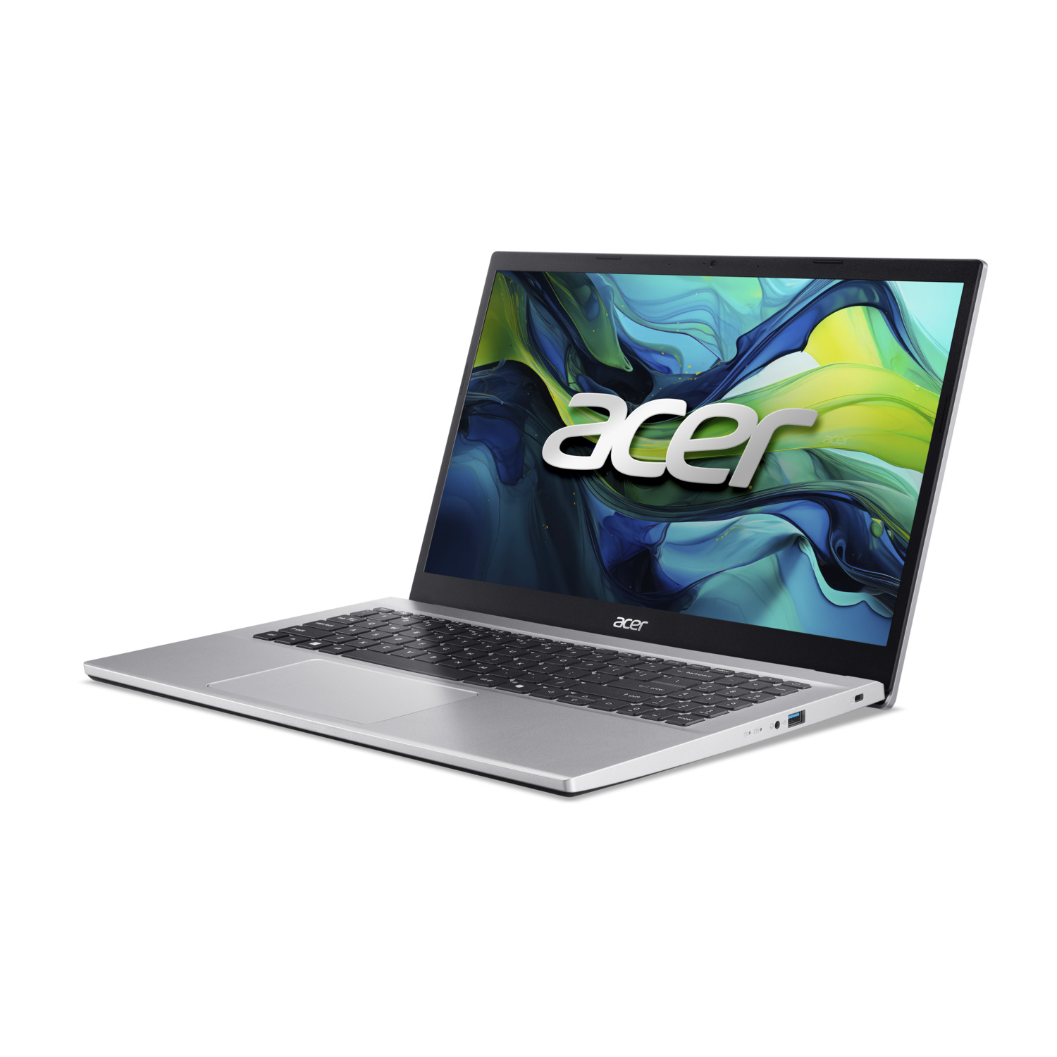 Ordinateur portable argenté avec écran ouvert affichant image colorée, logo Acer visible, sur surface blanche.