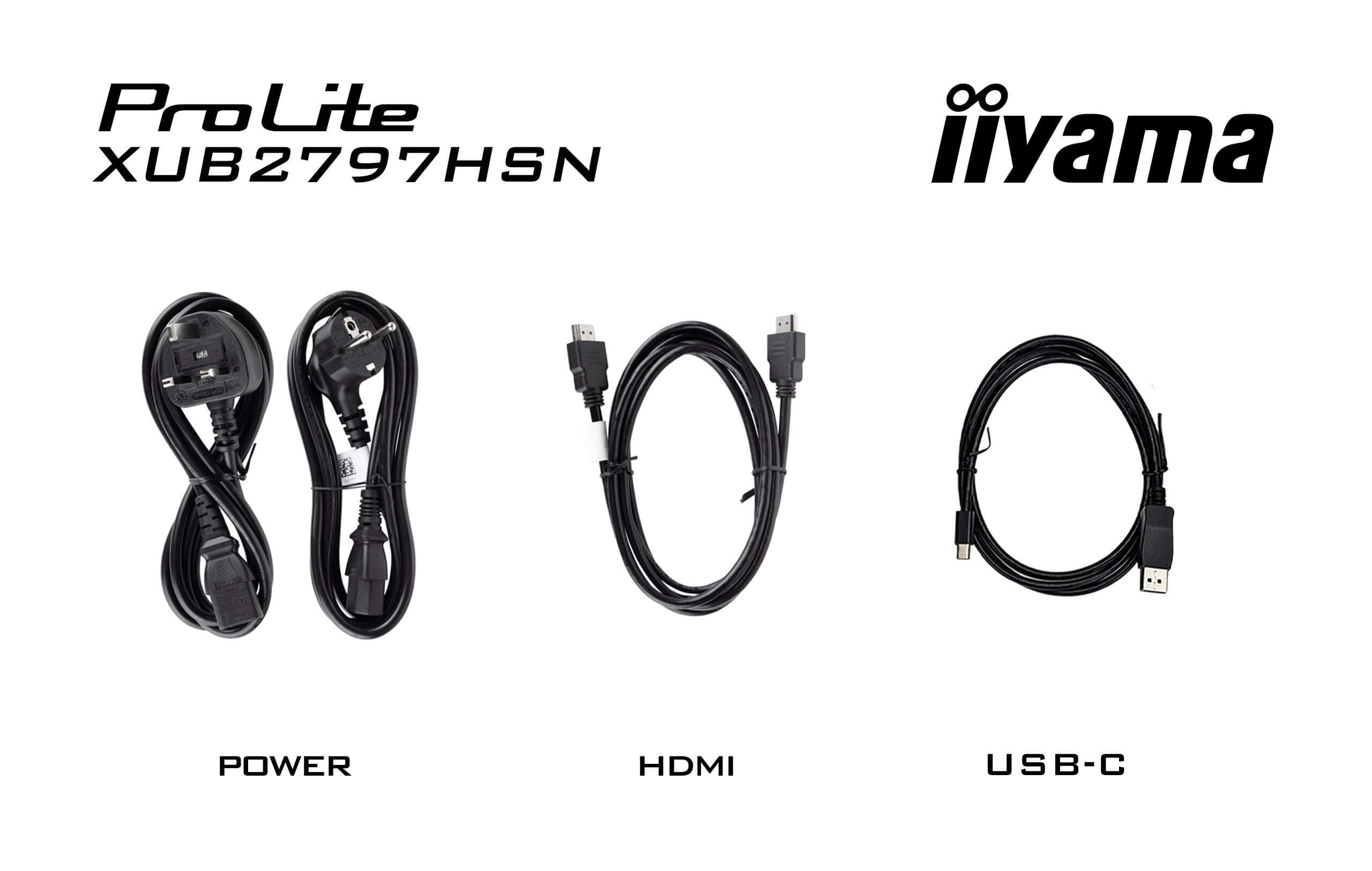 Kabel: Strom, HDMI und USB-C. Marken oben: ProLite XUB2797HSN und iiyama. Weißer Hintergrund.