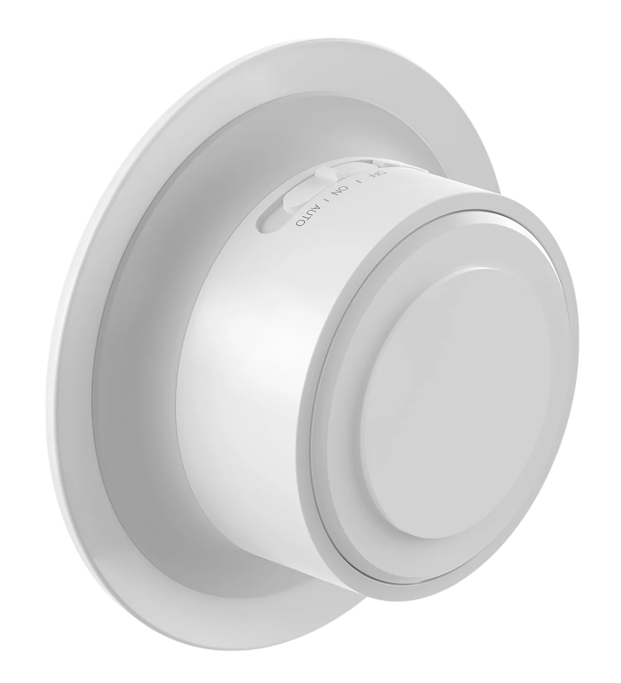 Białe, okrągłe urządzenie z suwakiem z OFF, ON, AUTO. Perspektywa pod kątem na czarnym tle.