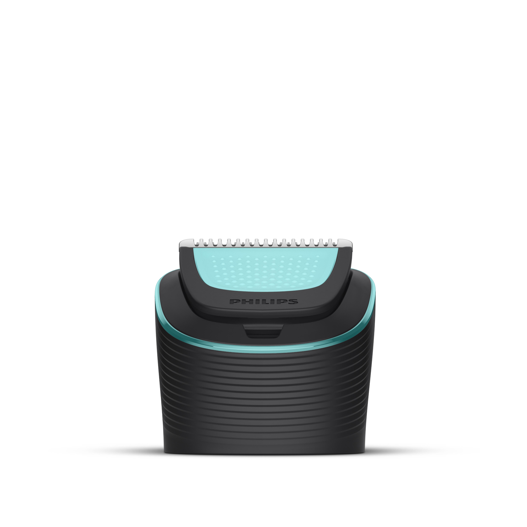 Philips Body Groomer fej toldalék. Fekete és kék, pengékkel és fényjelzővel. Fehér háttér.