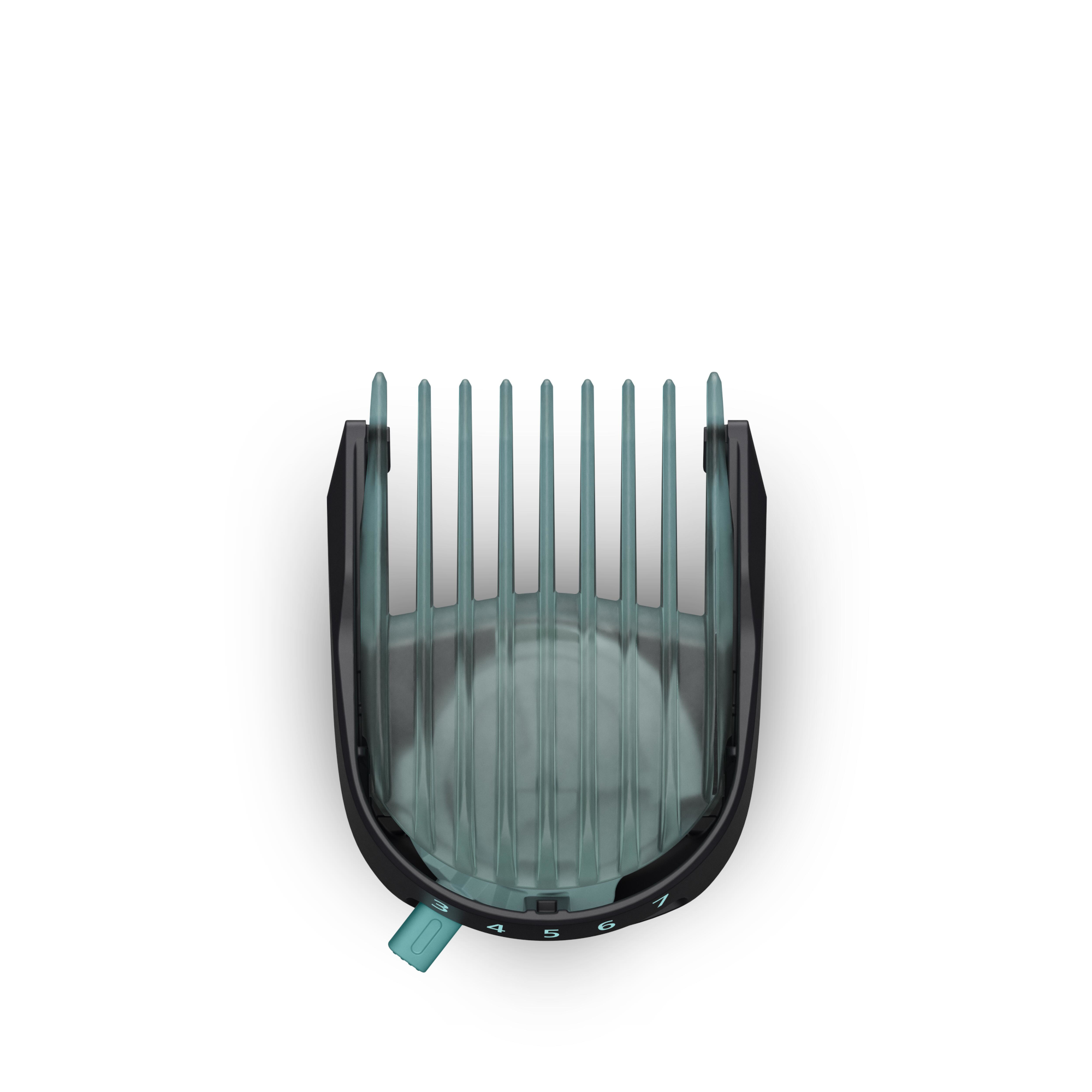 Philips Body Groomer állítható fésű toldalék. Átlátszó és fekete. 3-7-ig számok. Fehér háttér.