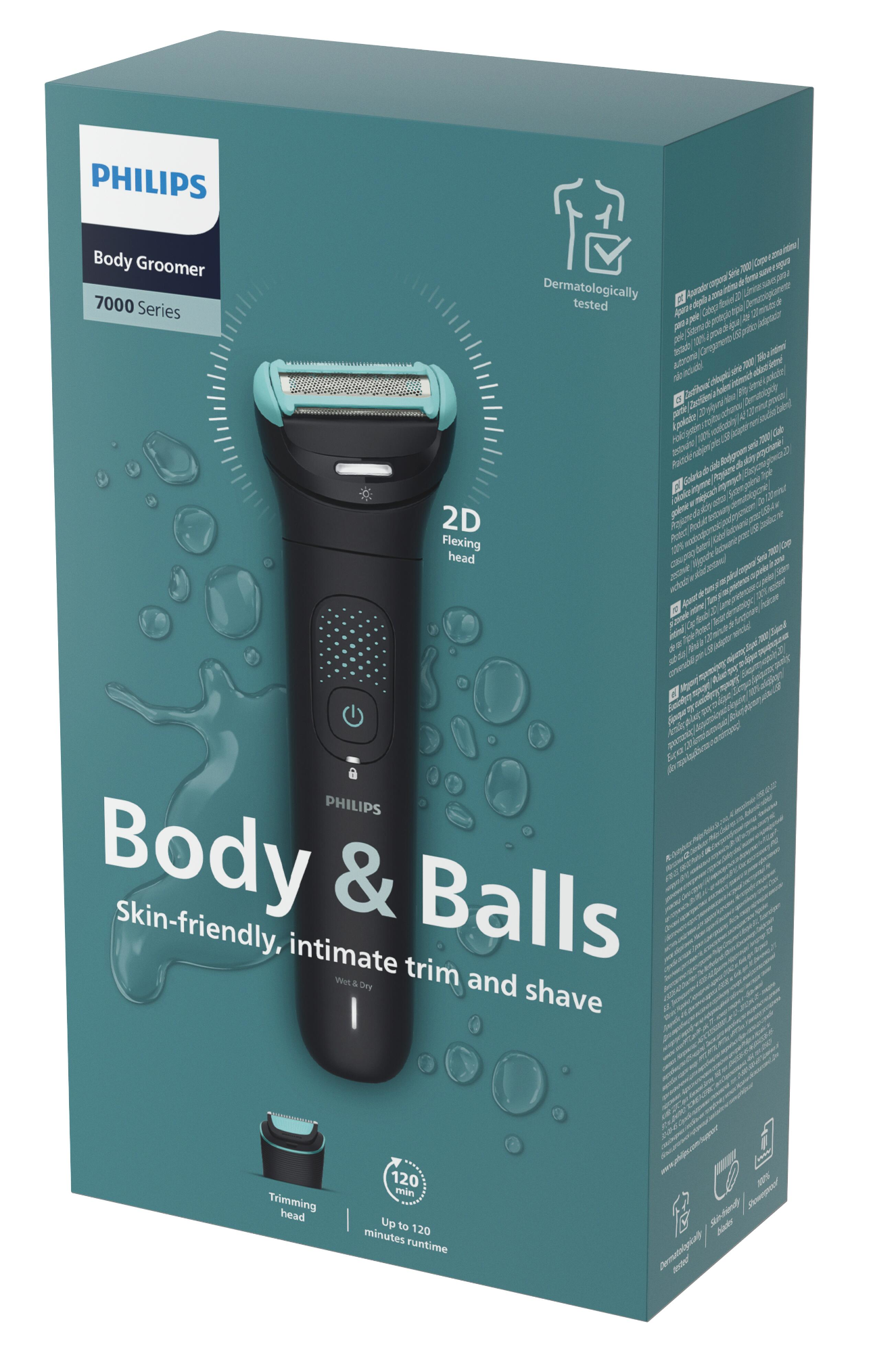 Dobozos Philips testápoló. Fekete és türkiz, a termék nevével és leírásával.