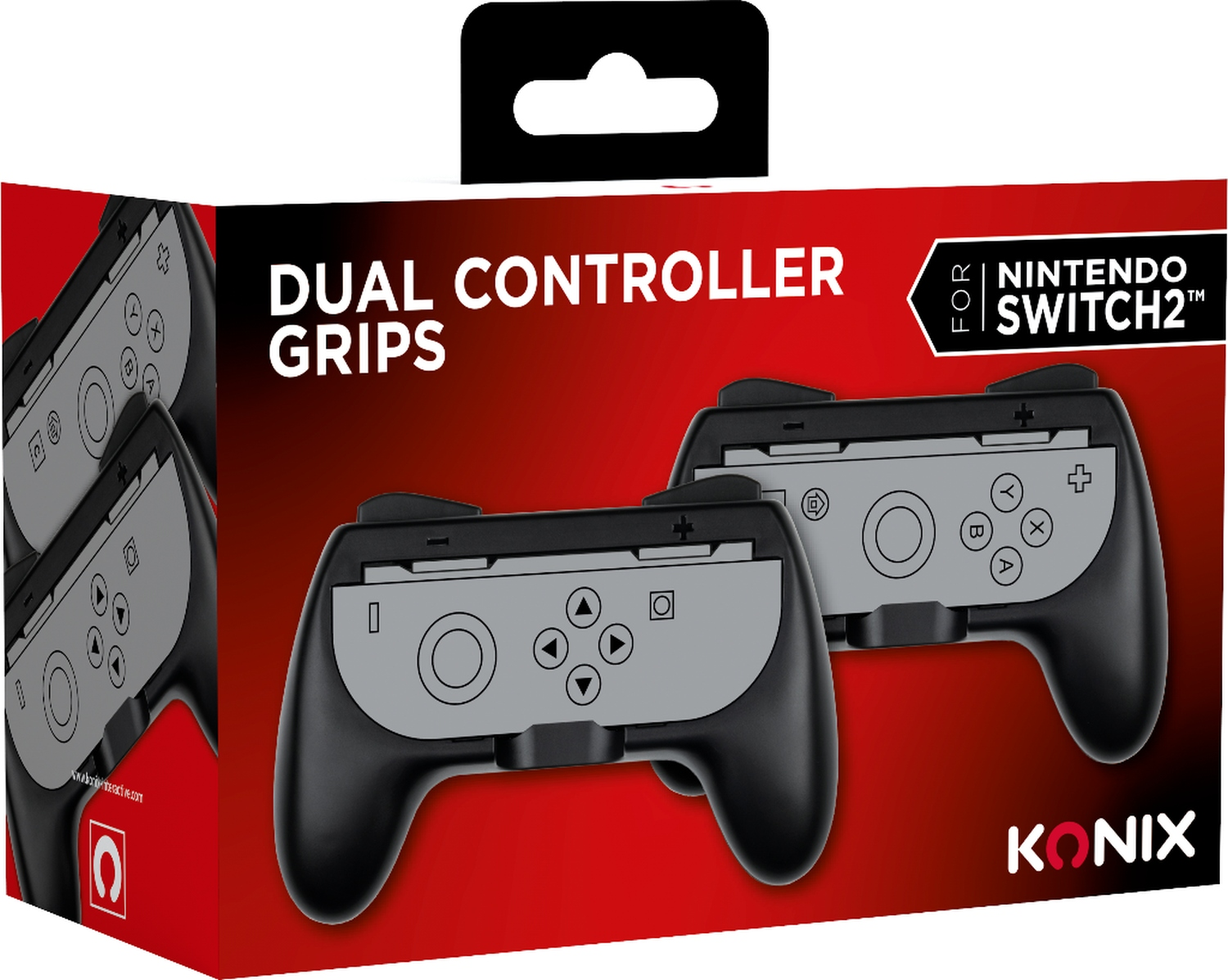 Poignées de contrôleur double en boîte pour Nintendo Switch, noires avec fond rouge et blanc.