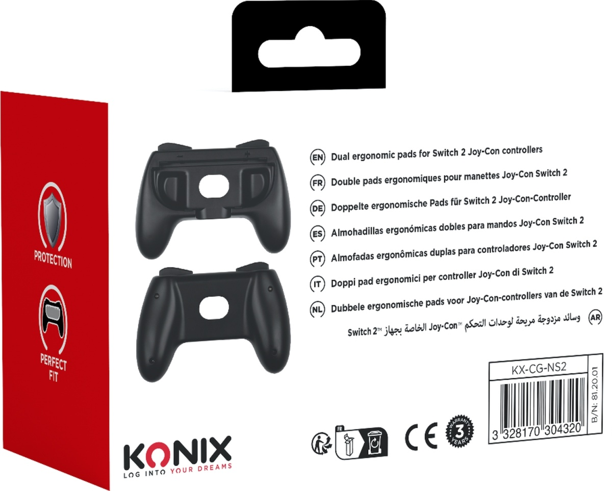 Dos de l'emballage des poignées de contrôleur double pour Nintendo Switch, avec descriptions multilingues.