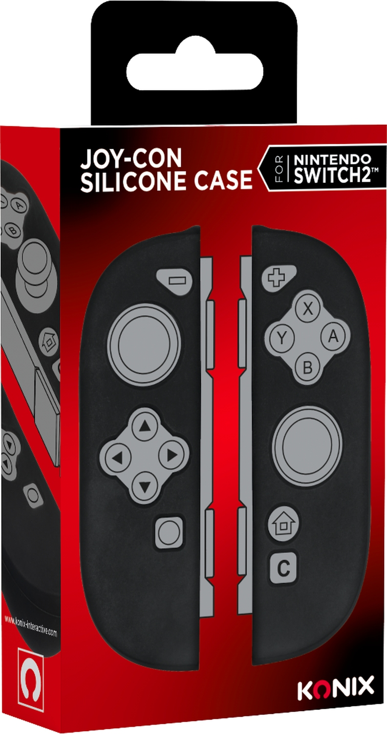 Custodia in silicone Joy-Con in scatola per Nintendo Switch, con custodie nere e sfondo rosso e bianco.