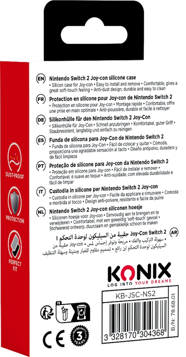 Retro della confezione della custodia in silicone Joy-Con per Nintendo Switch, con descrizioni multilingue.