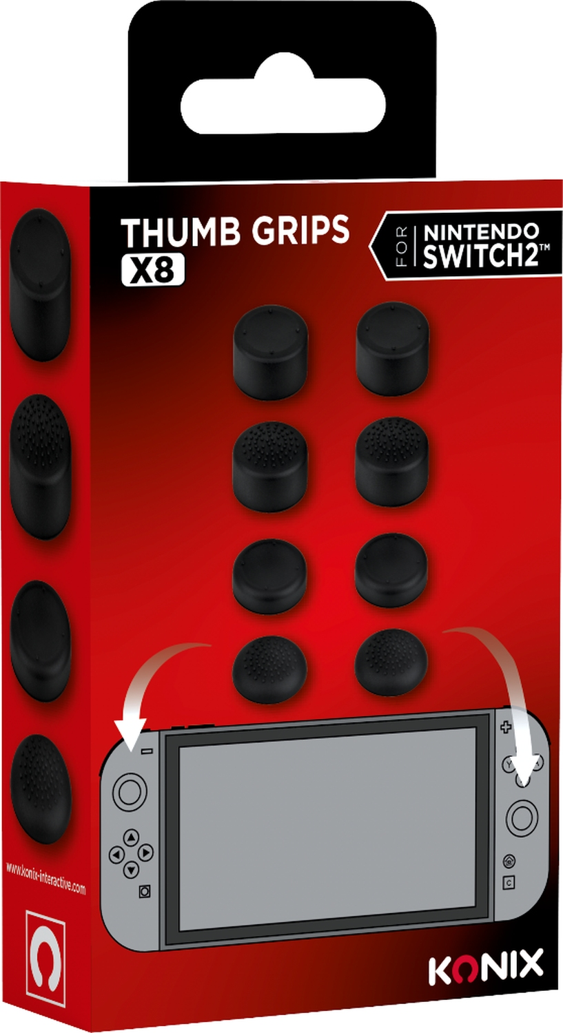 Poignées de pouce en boîte pour Nintendo Switch, avec des poignées noires et un fond rouge et blanc.