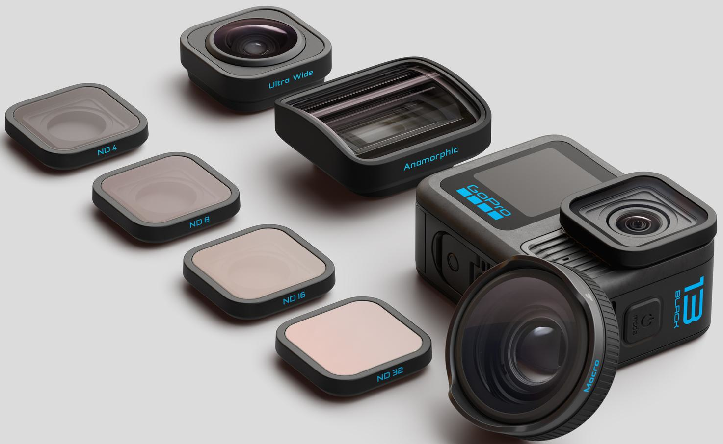 Fotocamera GoPro con lenti e filtri, diversi tipi e schema di colori nero e grigio.