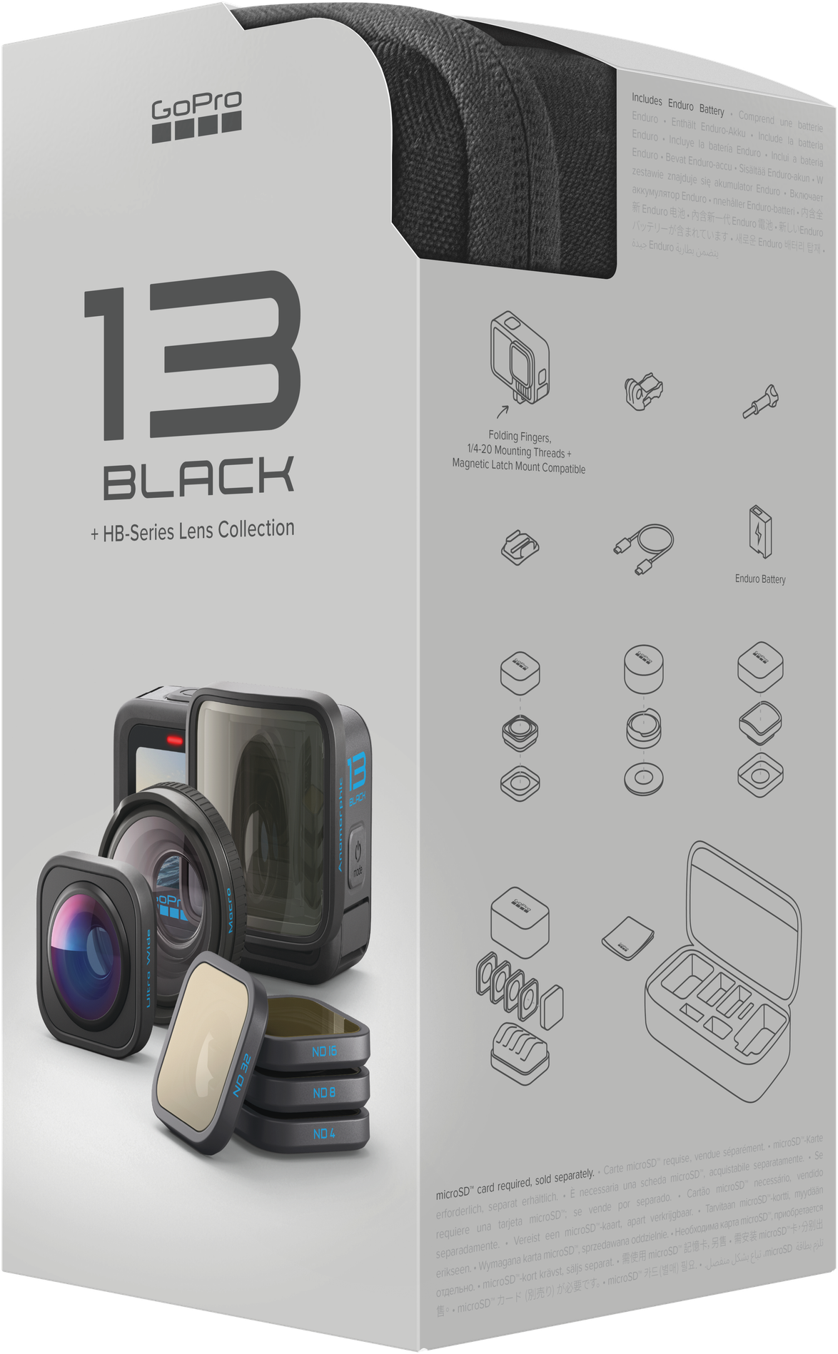 Scatola fotocamera GoPro 13 Black con accessori, lenti e filtri su sfondo bianco.