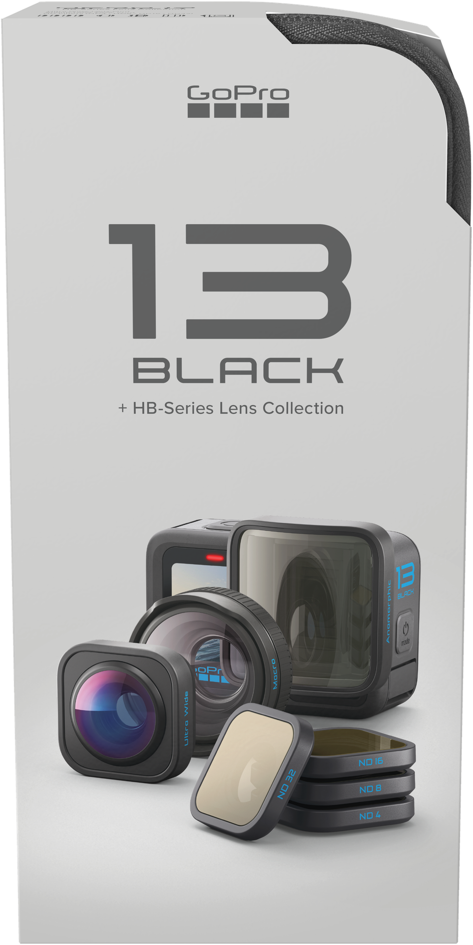 Fotocamera GoPro 13 Black con lenti e filtri, su sfondo bianco, ripresa del prodotto.