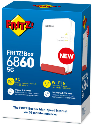Scatola router Fritz!Box 6860 5G, bianco con accenti rossi, evidenzia Wi-Fi 6.