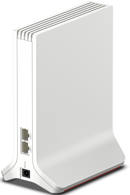 Router Fritz!Box bianco che mostra le porte, su una superficie bianca, vista laterale.